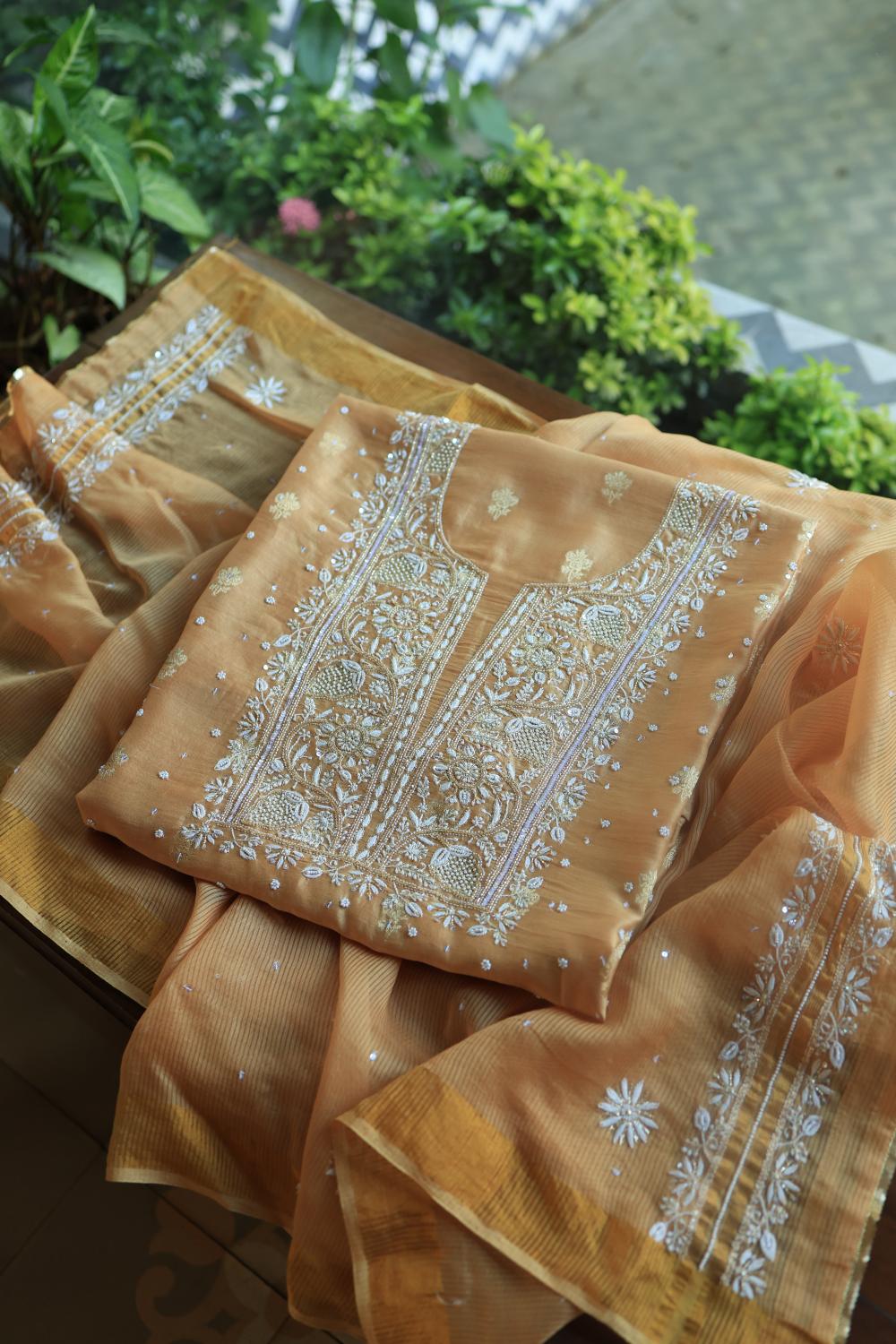 Coral Peach Banarasi Zari Chanderi Unstitched Chikankari Fabric