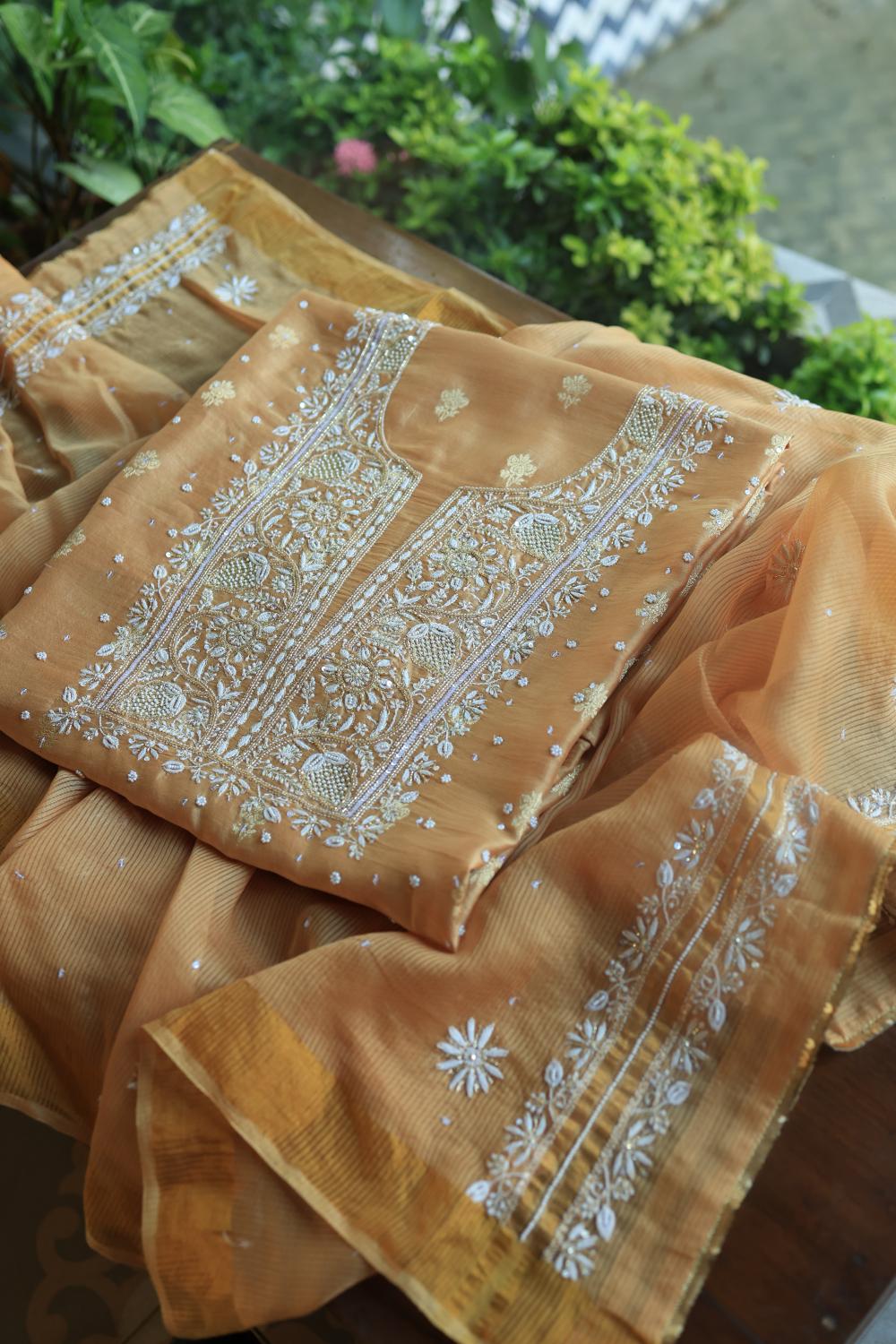 Coral Peach Banarasi Zari Chanderi Unstitched Chikankari Fabric