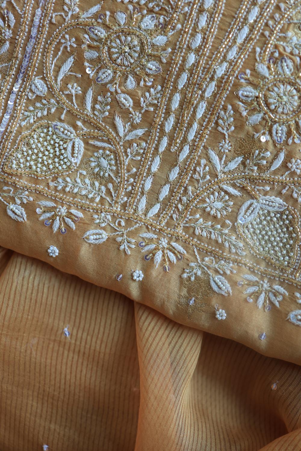 Coral Peach Banarasi Zari Chanderi Unstitched Chikankari Fabric