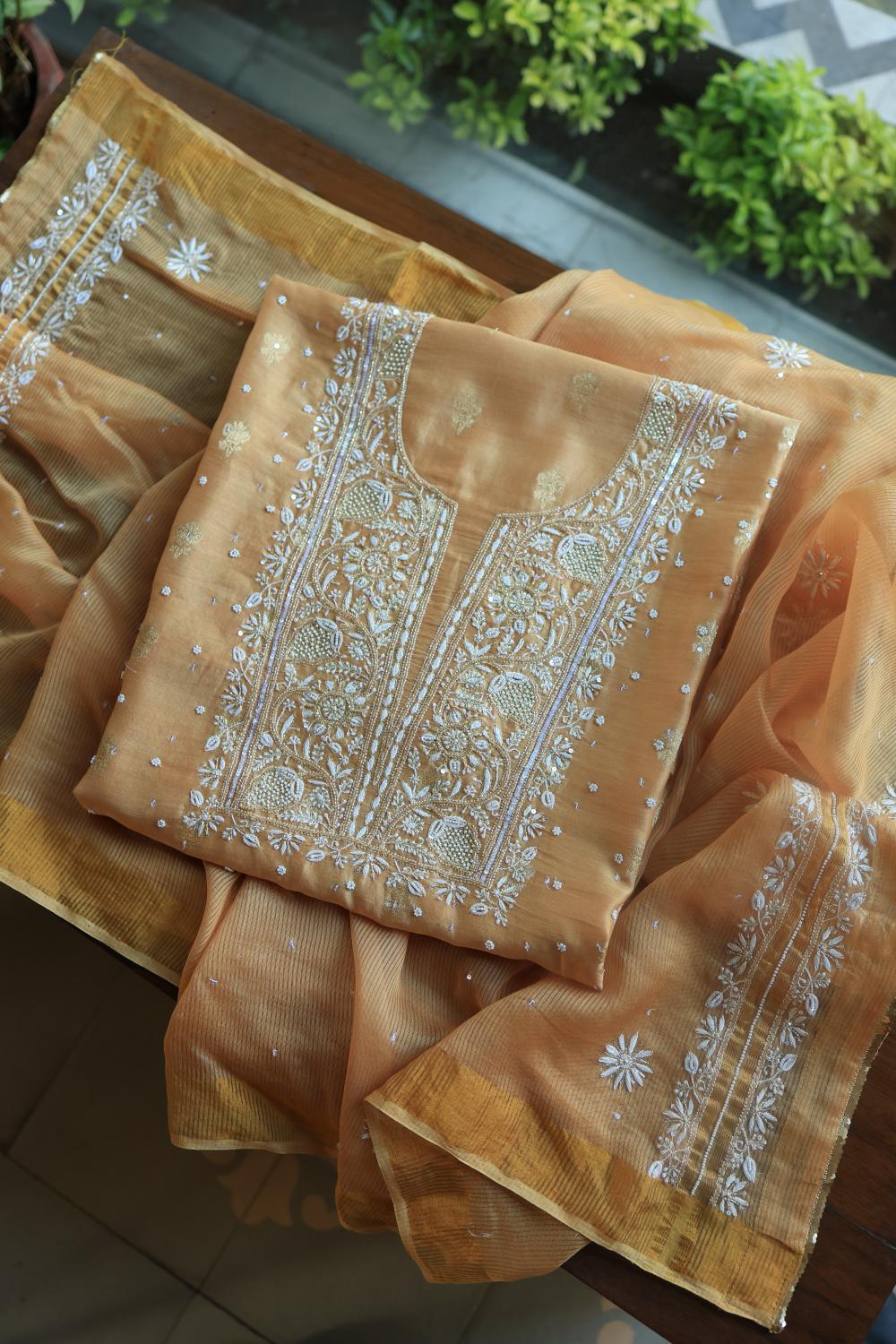 Coral Peach Banarasi Zari Chanderi Unstitched Chikankari Fabric