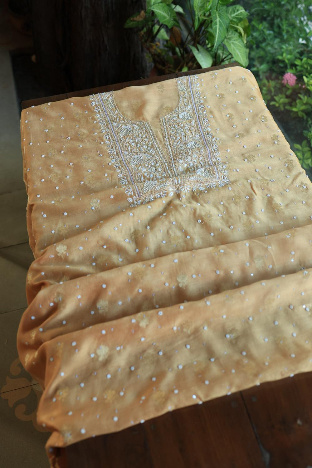 Coral Peach Banarasi Zari Chanderi Unstitched Chikankari Fabric
