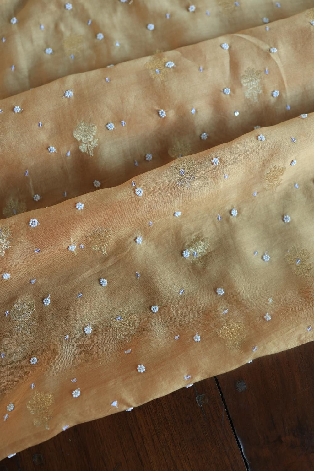 Coral Peach Banarasi Zari Chanderi Unstitched Chikankari Fabric
