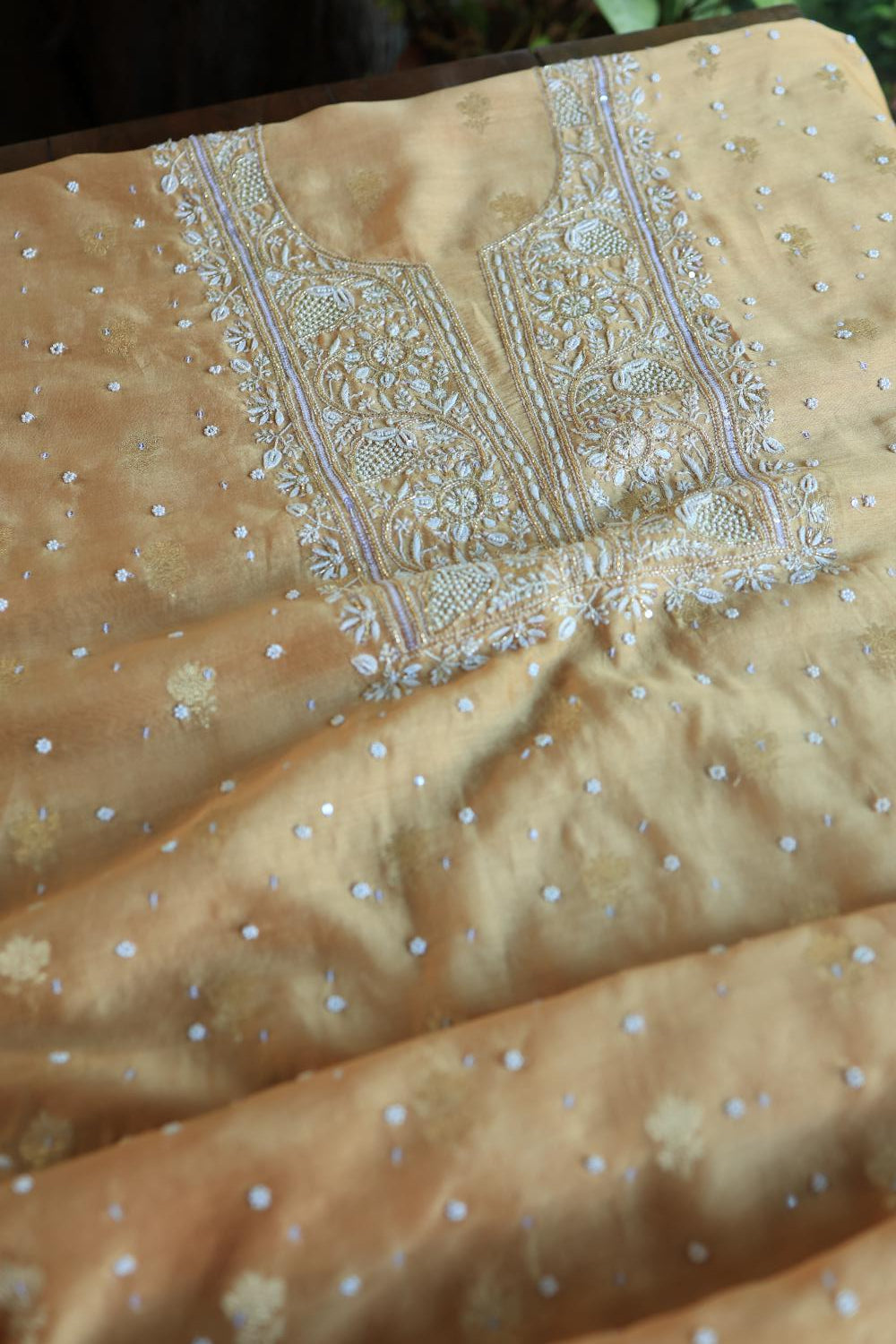 Coral Peach Banarasi Zari Chanderi Unstitched Chikankari Fabric