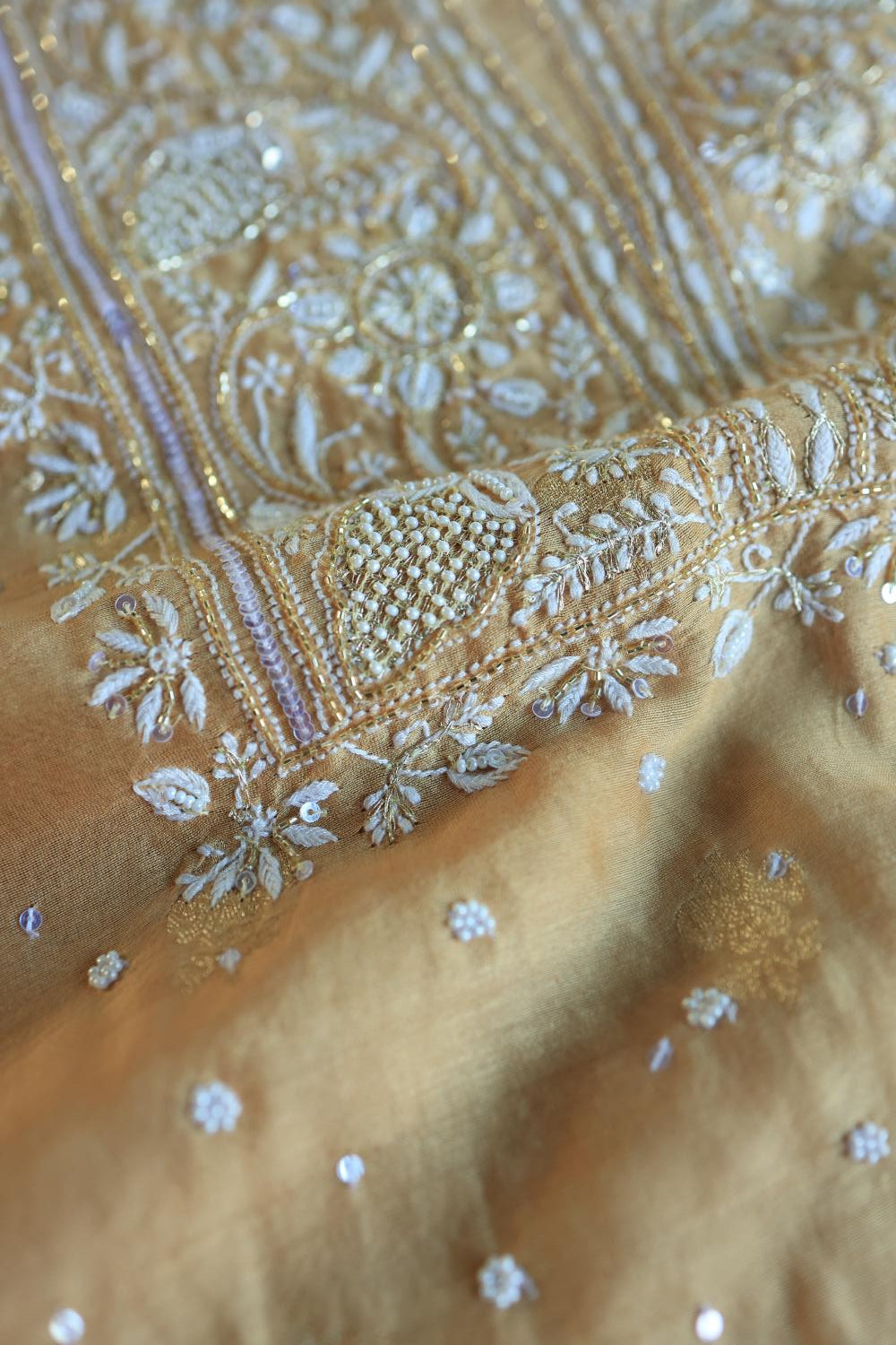 Coral Peach Banarasi Zari Chanderi Unstitched Chikankari Fabric