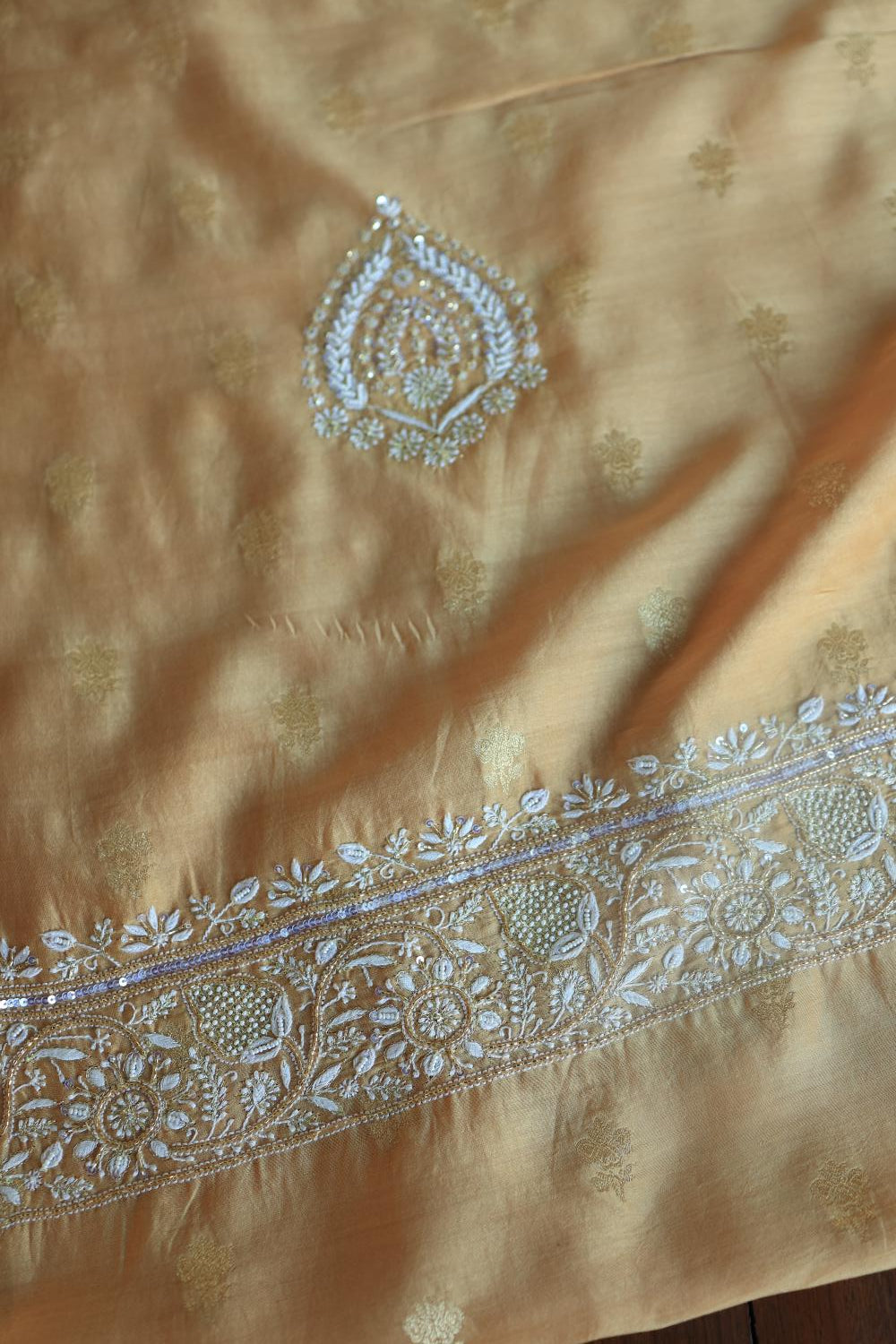 Coral Peach Banarasi Zari Chanderi Unstitched Chikankari Fabric