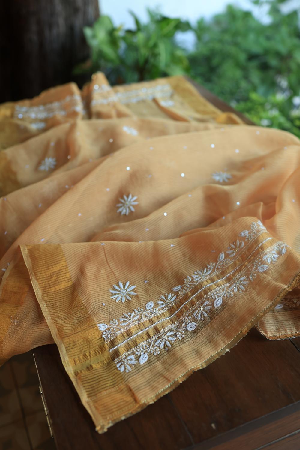 Coral Peach Banarasi Zari Chanderi Unstitched Chikankari Fabric