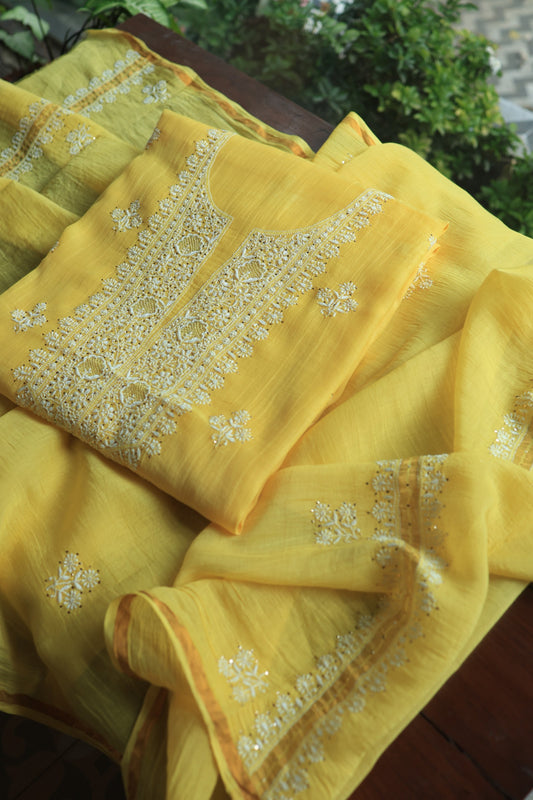 Corn Yellow Shade Mal Cotton Chikankari Unstitched Fabrics With Kamdani