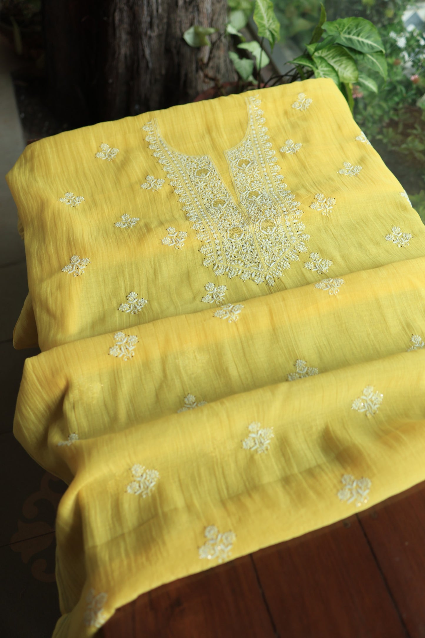 Corn Yellow Shade Mal Cotton Chikankari Unstitched Fabrics With Kamdani