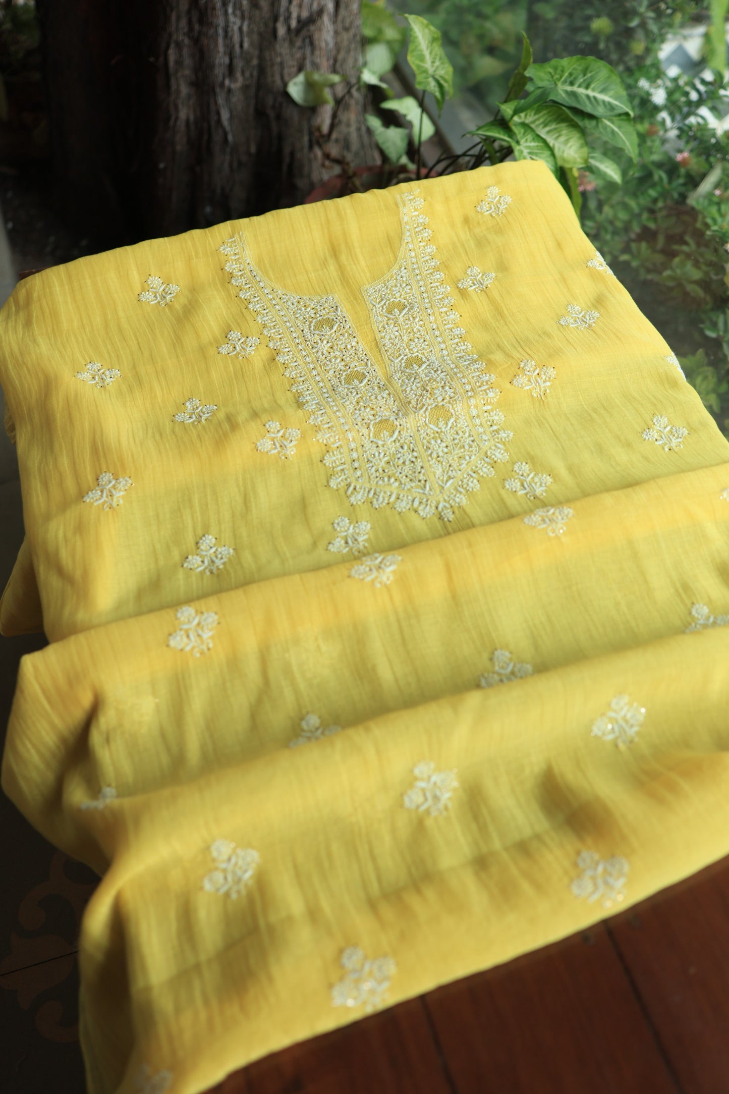 Corn Yellow Shade Mal Cotton Chikankari Unstitched Fabrics With Kamdani