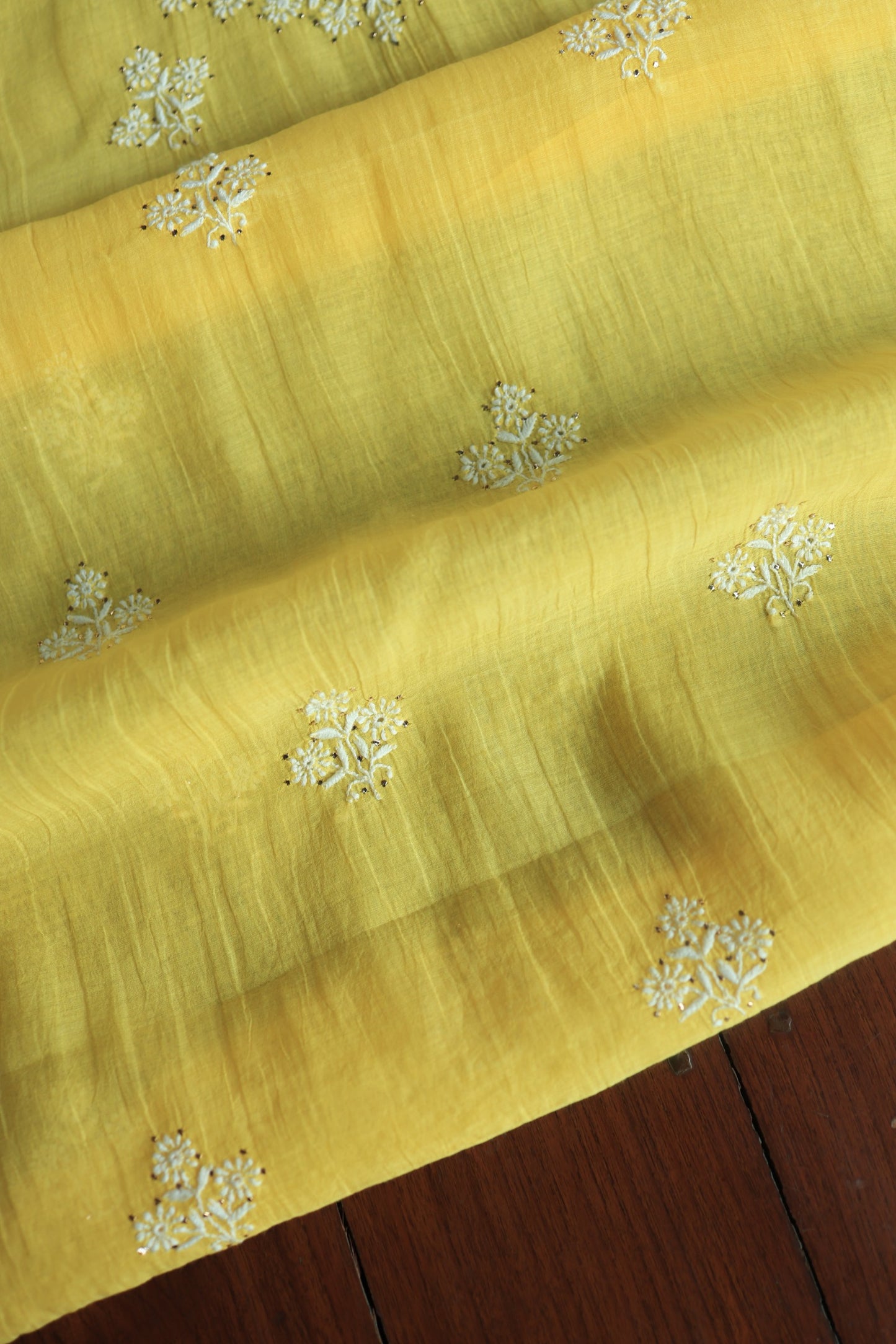 Corn Yellow Shade Mal Cotton Chikankari Unstitched Fabrics With Kamdani