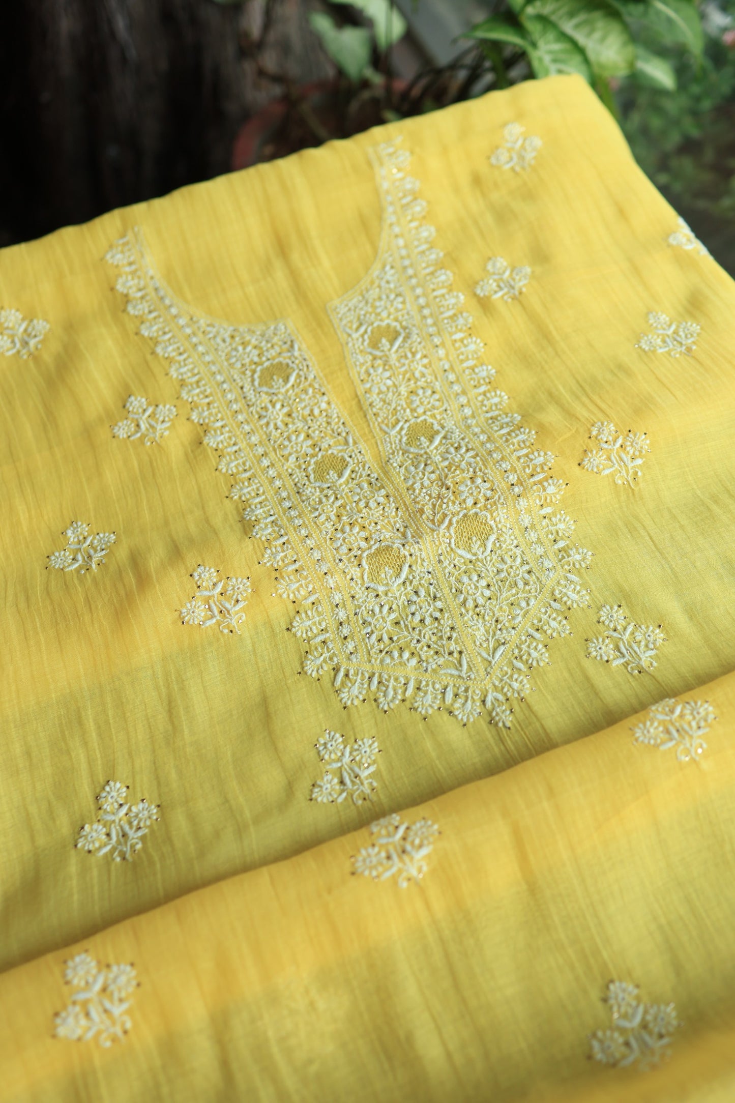 Corn Yellow Shade Mal Cotton Chikankari Unstitched Fabrics With Kamdani