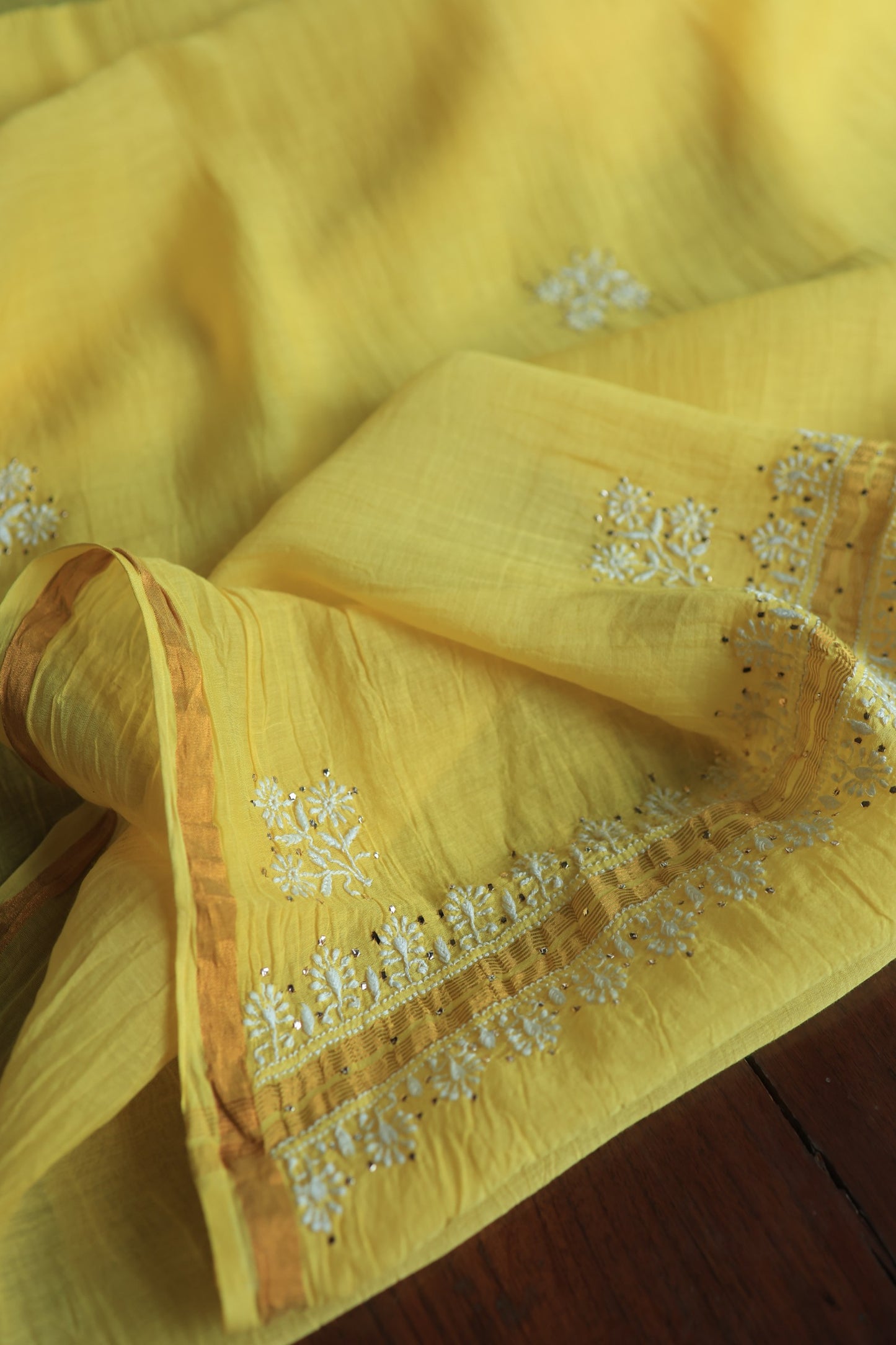 Corn Yellow Shade Mal Cotton Chikankari Unstitched Fabrics With Kamdani