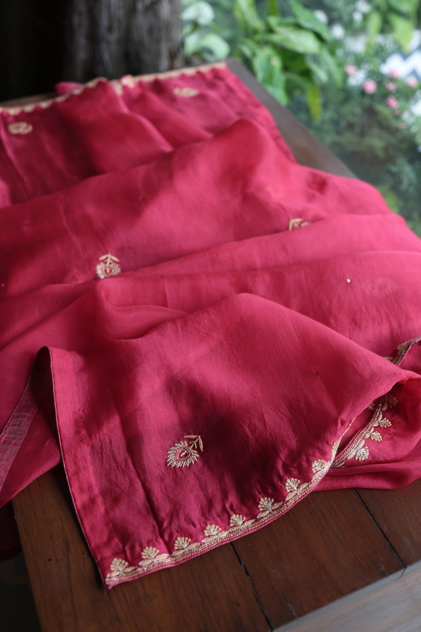 Cranberry Shade Noor Organza Silk Chikankari Unstitched Kurta Dupatta Set
