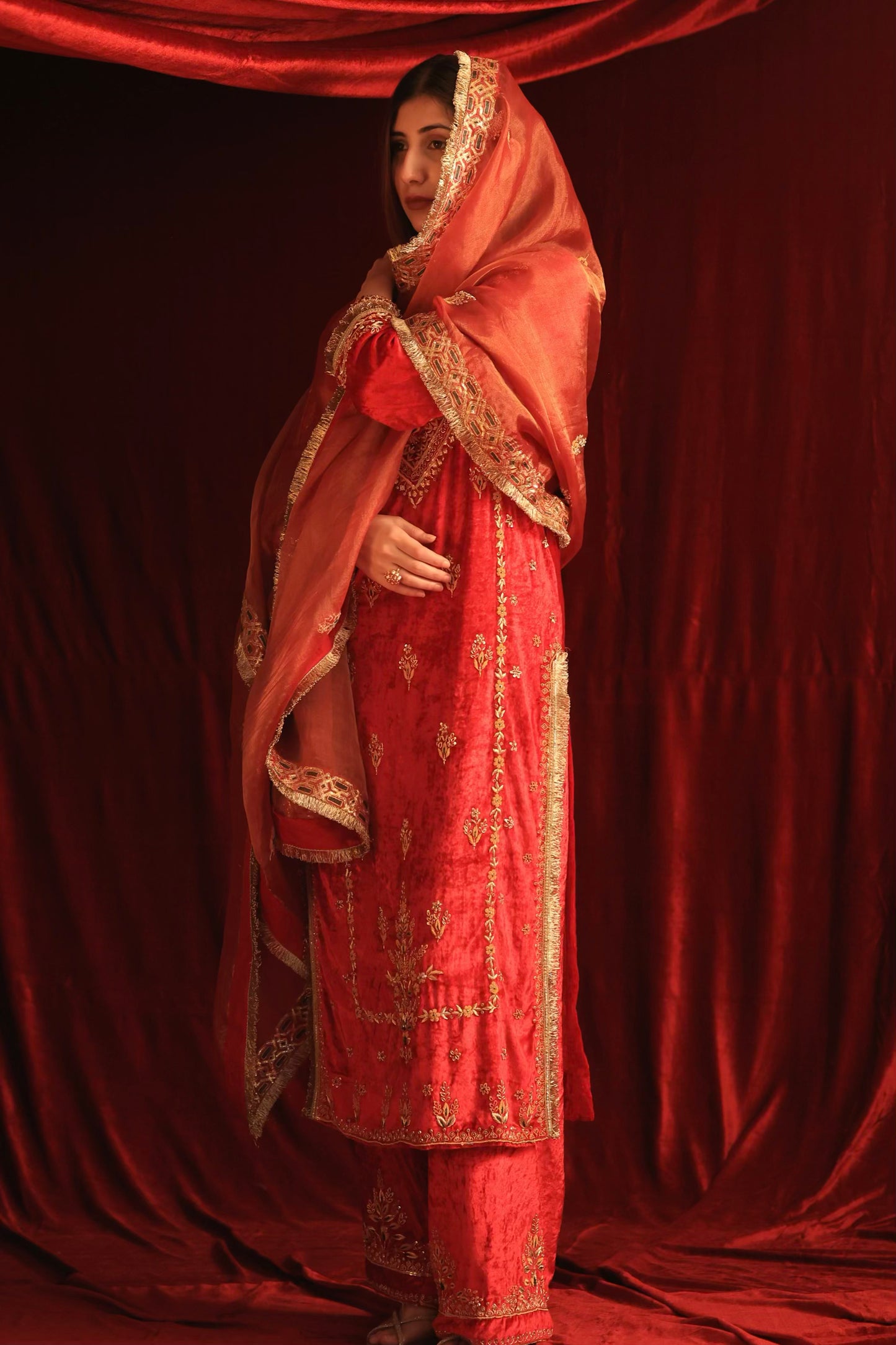 Crimson Red Shade | Saman Velvet Ready To Wear Kurta Set