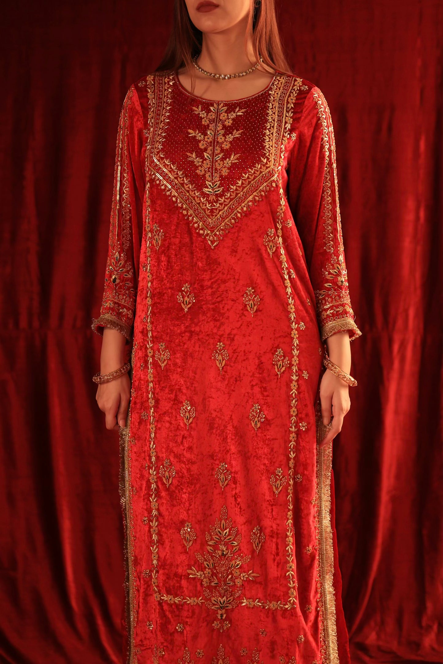 Crimson Red Shade | Saman Velvet Ready To Wear Kurta Set