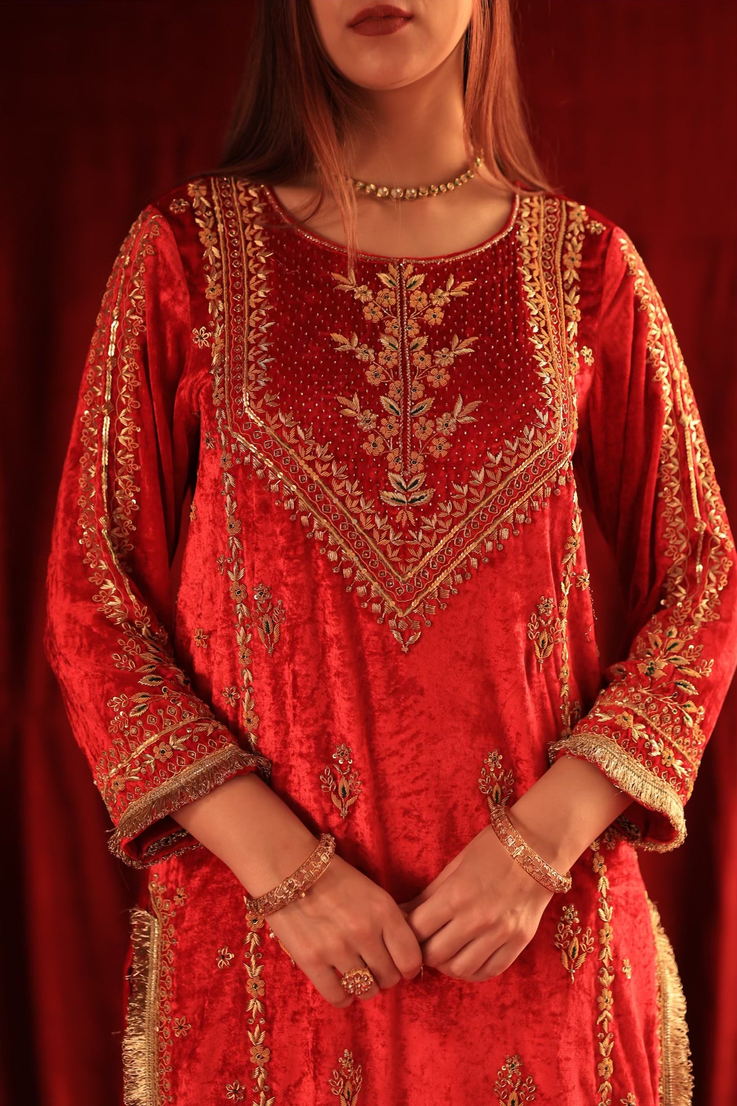Crimson Red Shade | Saman Velvet Ready To Wear Kurta Set