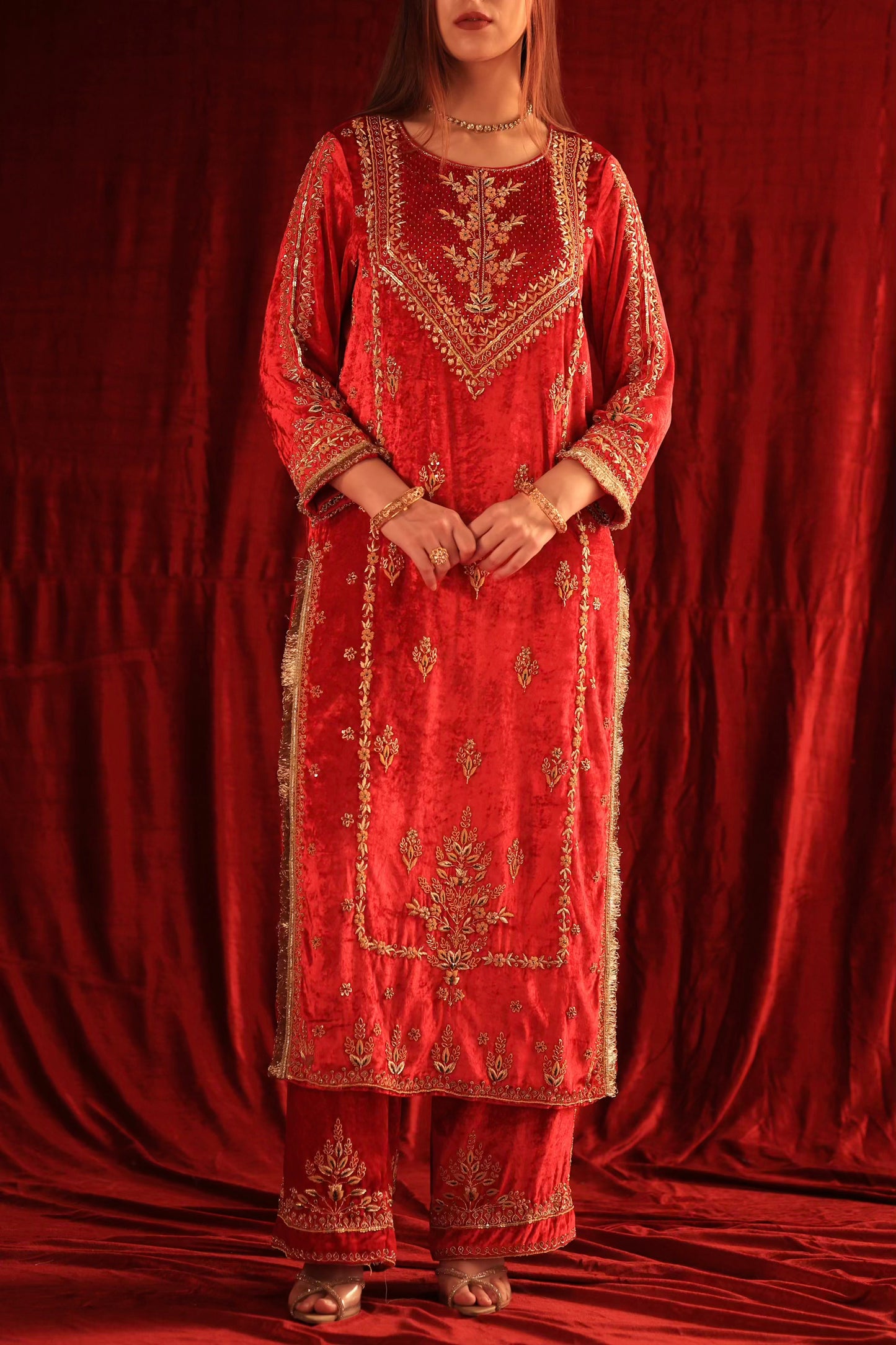 Crimson Red Shade | Saman Velvet Ready To Wear Kurta Set