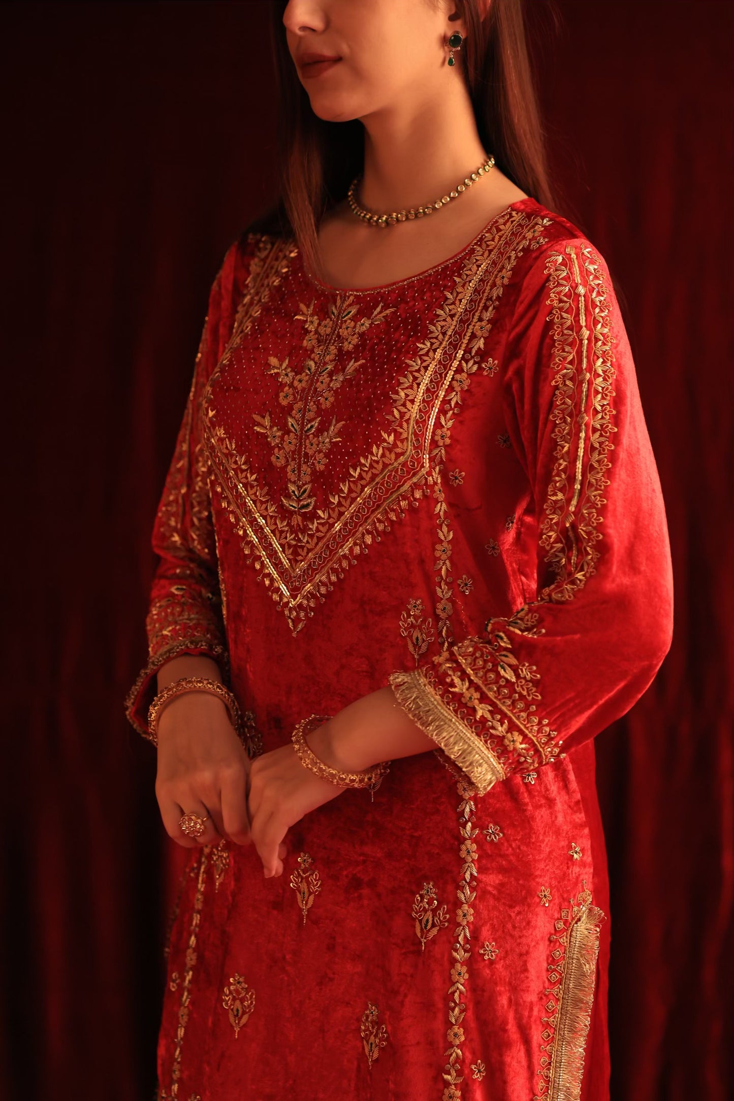 Crimson Red Shade | Saman Velvet Ready To Wear Kurta Set