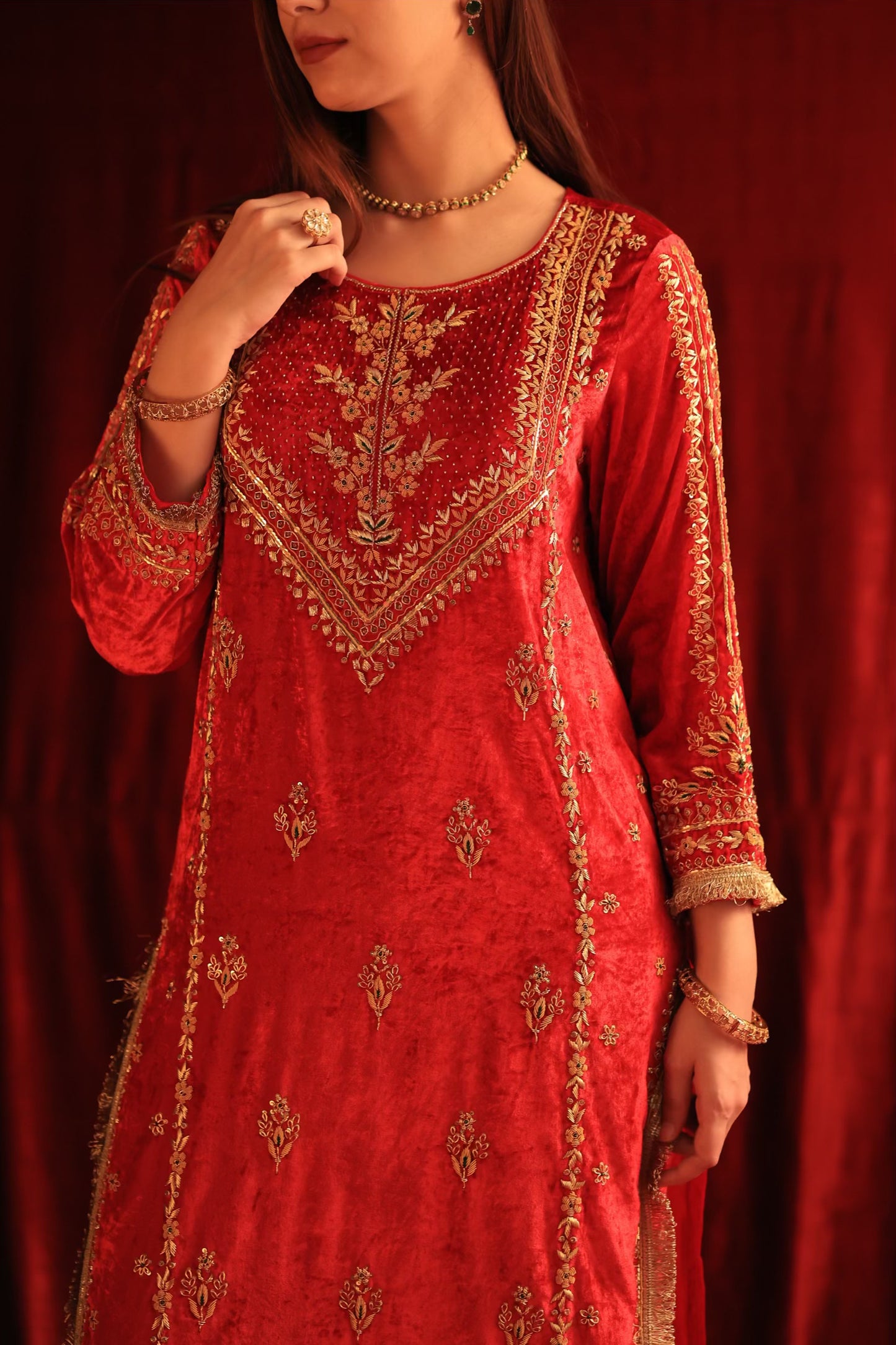 Crimson Red Shade | Saman Velvet Ready To Wear Kurta Set