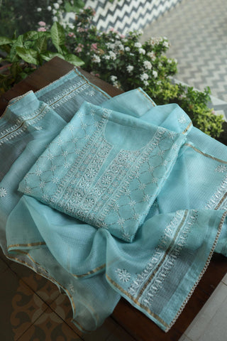 Cyan Blue Rasm Kota Tussar Chikankari Unstitched Chikankari Fabric