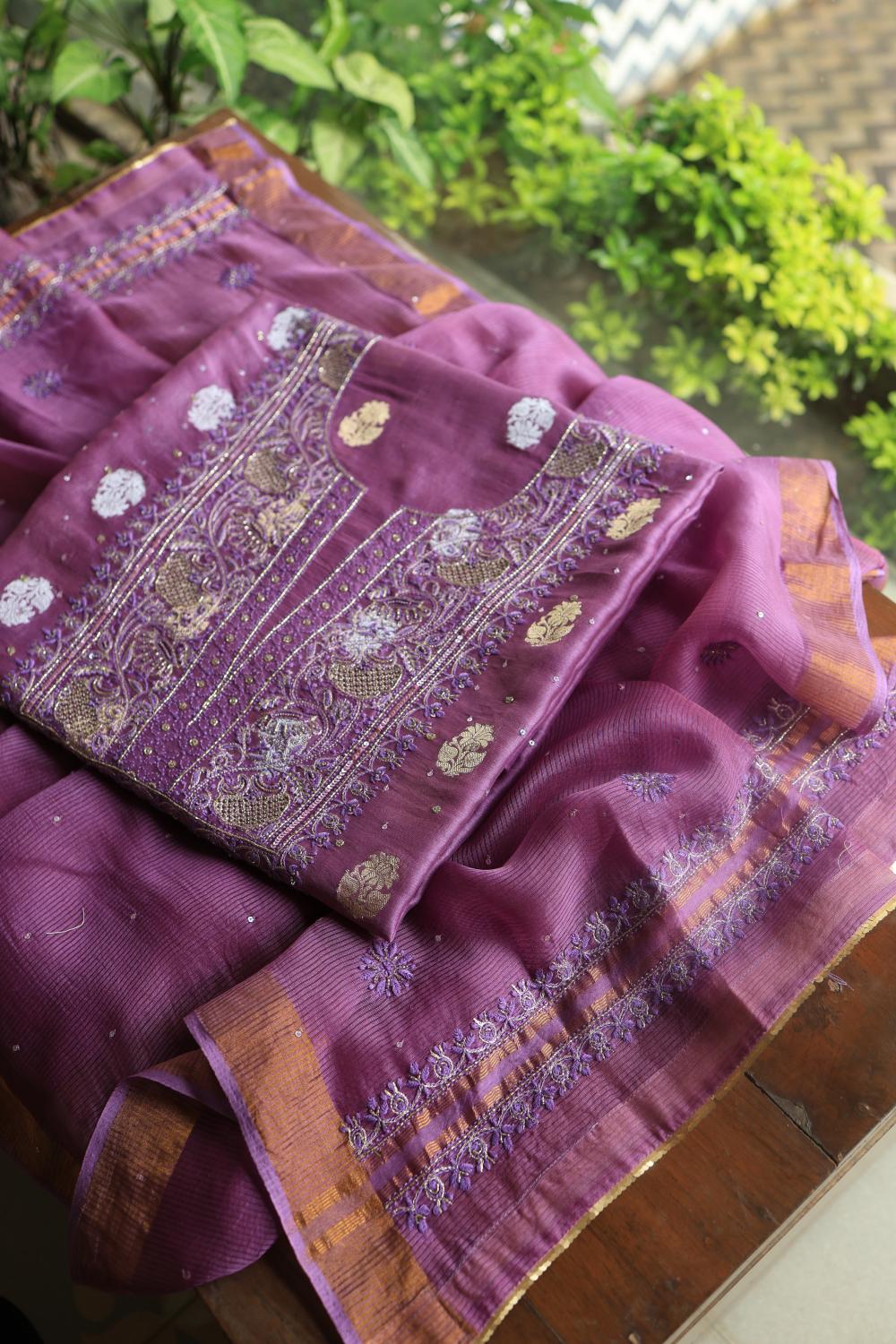 Dark Mauve Banarasi Zari Chanderi Unstitched Chikankari Fabrics