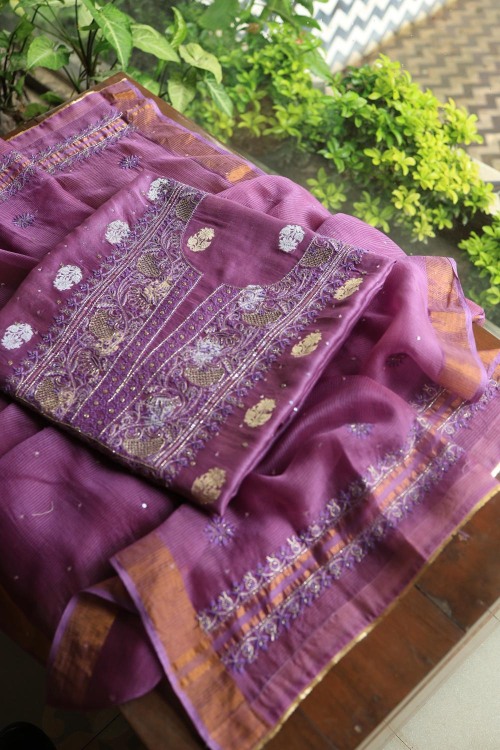 Dark Mauve Banarasi Zari Chanderi Unstitched Chikankari Fabrics