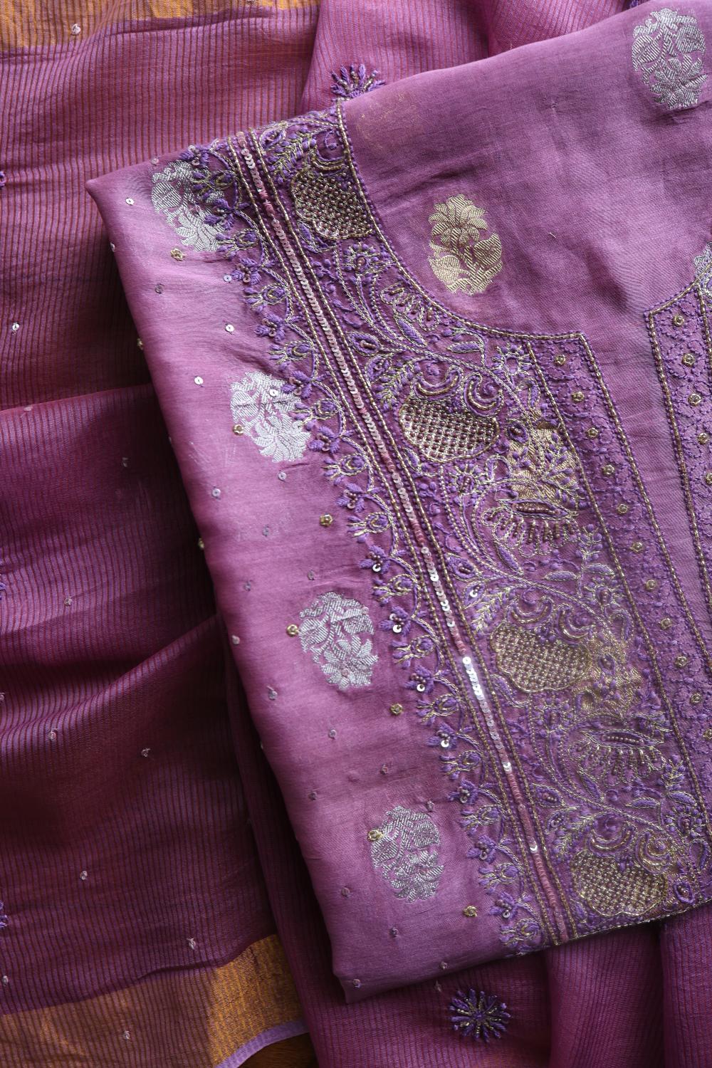Dark Mauve Banarasi Zari Chanderi Unstitched Chikankari Fabrics