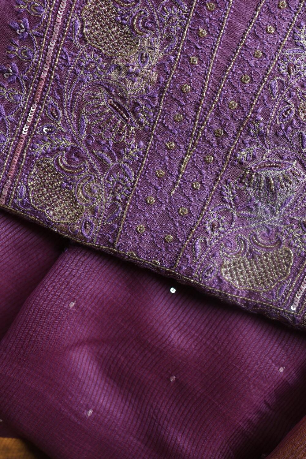 Dark Mauve Banarasi Zari Chanderi Unstitched Chikankari Fabrics