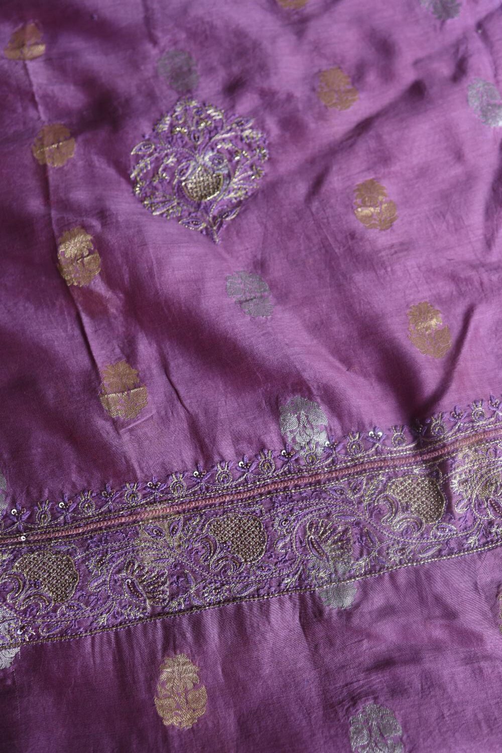 Dark Mauve Banarasi Zari Chanderi Unstitched Chikankari Fabrics