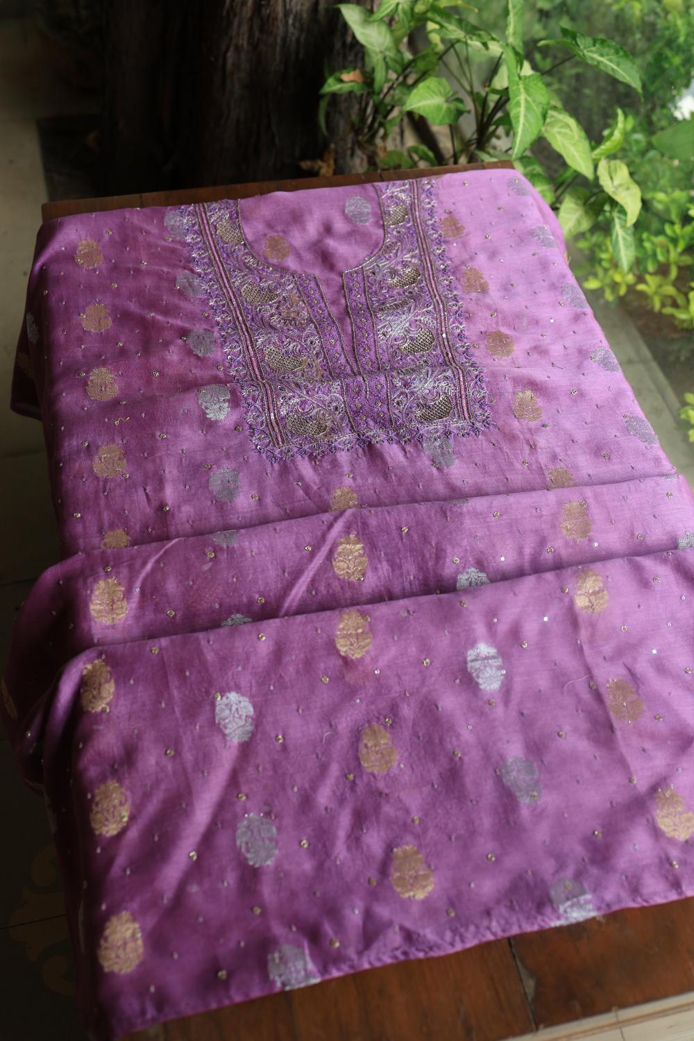Dark Mauve Banarasi Zari Chanderi Unstitched Chikankari Fabrics