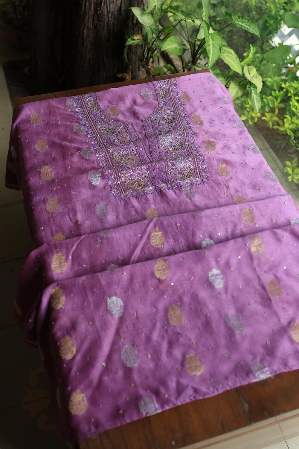 Dark Mauve Banarasi Zari Chanderi Unstitched Chikankari Fabrics