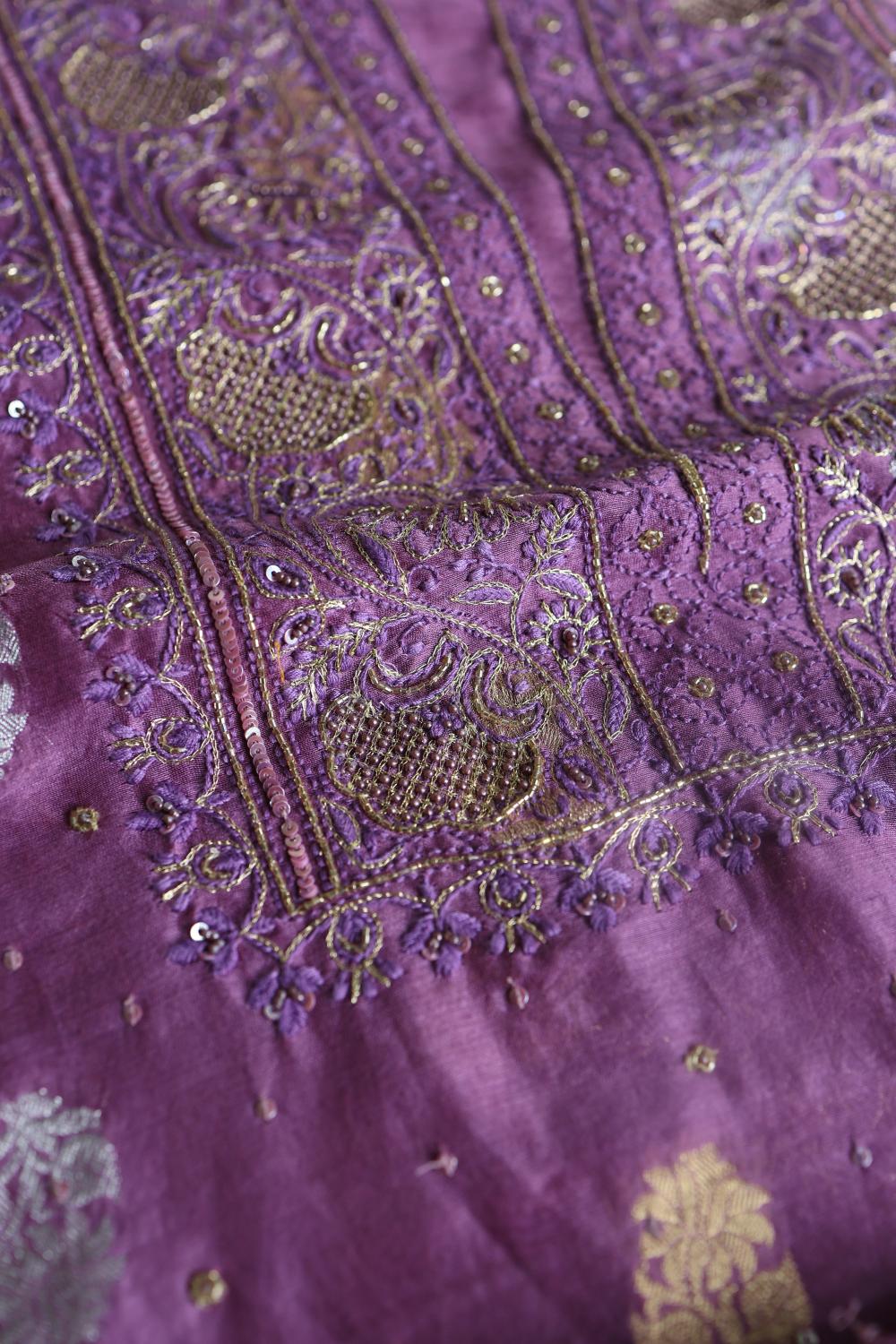 Dark Mauve Banarasi Zari Chanderi Unstitched Chikankari Fabrics