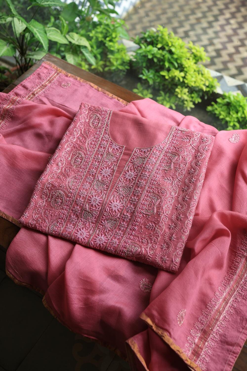 Dark Pink Maheshwari Chikankari Unstitched Fabric