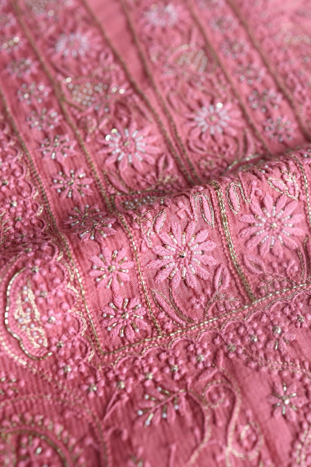 Dark Pink Maheshwari Chikankari Unstitched Fabric