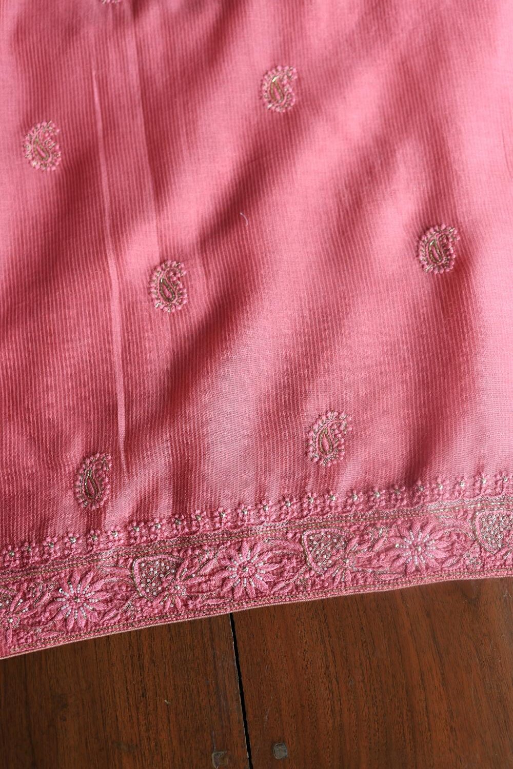 Dark Pink Maheshwari Chikankari Unstitched Fabric