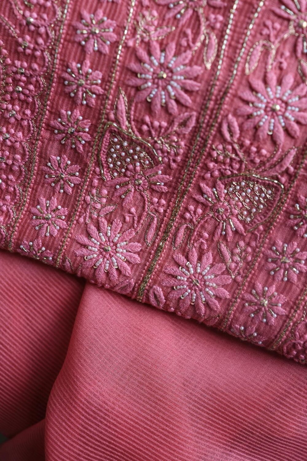 Dark Pink Maheshwari Chikankari Unstitched Fabric