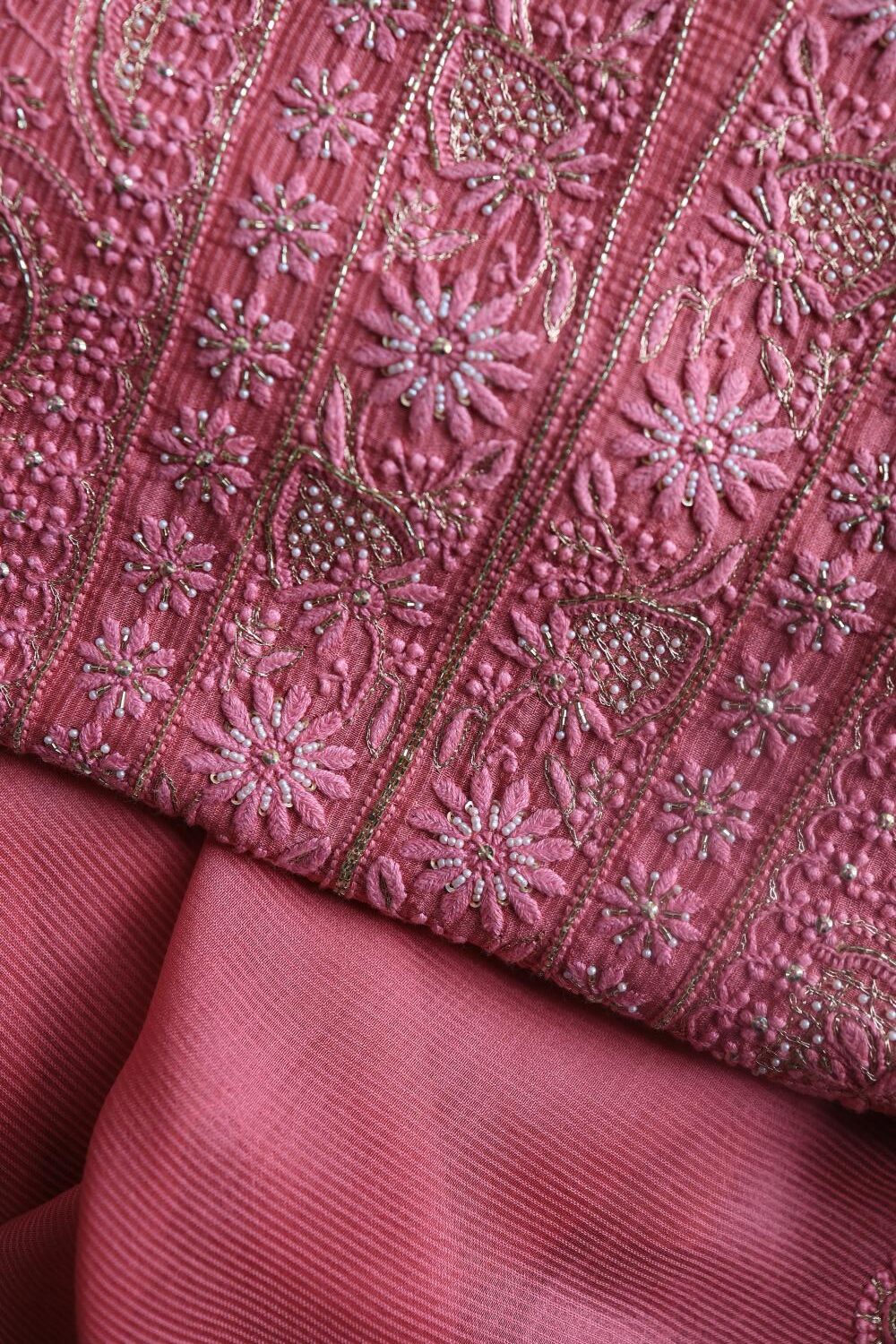 Dark Pink Maheshwari Chikankari Unstitched Fabric
