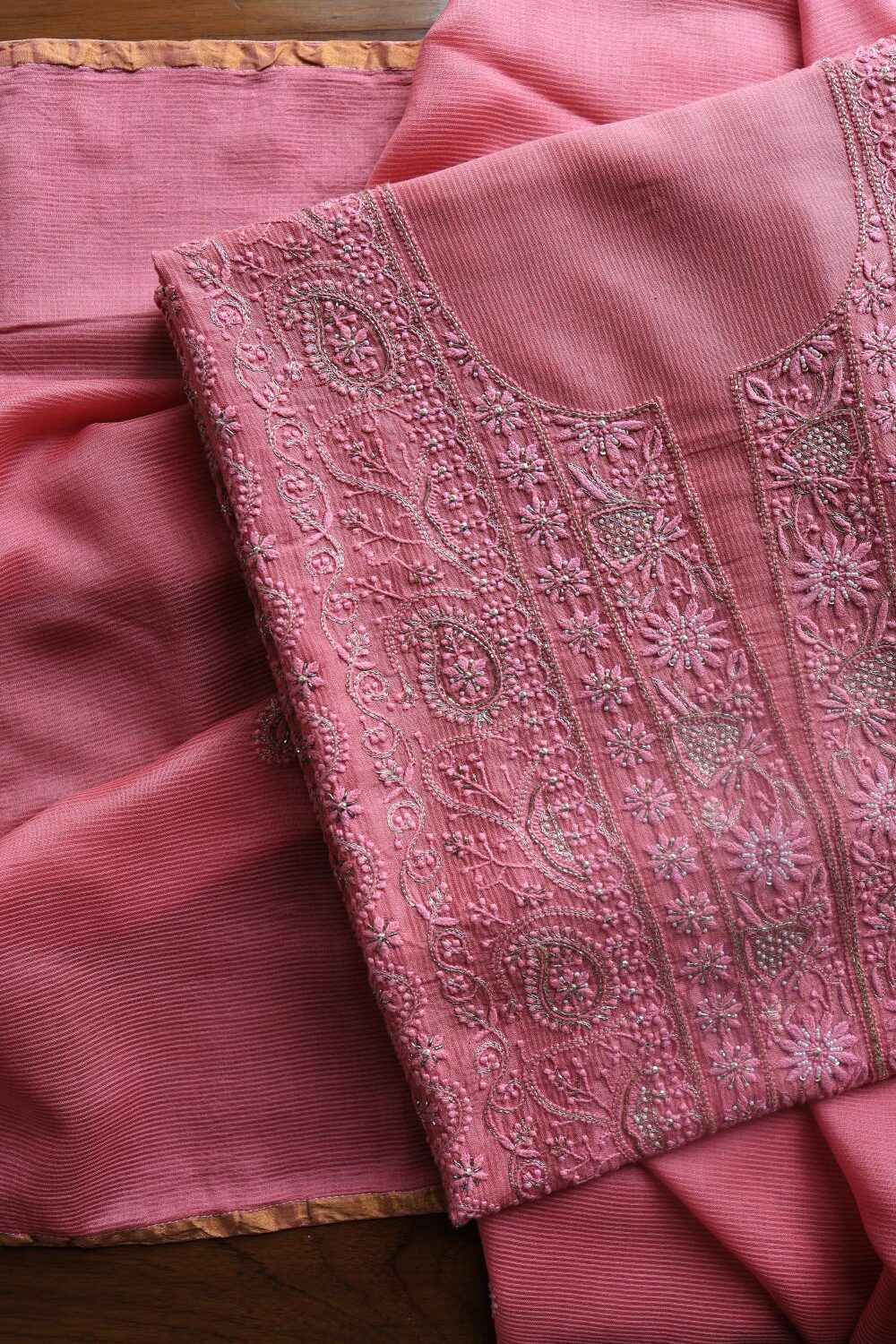 Dark Pink Maheshwari Chikankari Unstitched Fabric