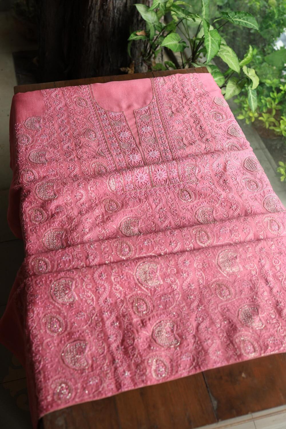 Dark Pink Maheshwari Chikankari Unstitched Fabric