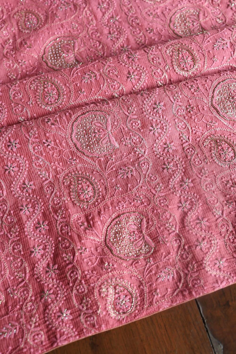 Dark Pink Maheshwari Chikankari Unstitched Fabric