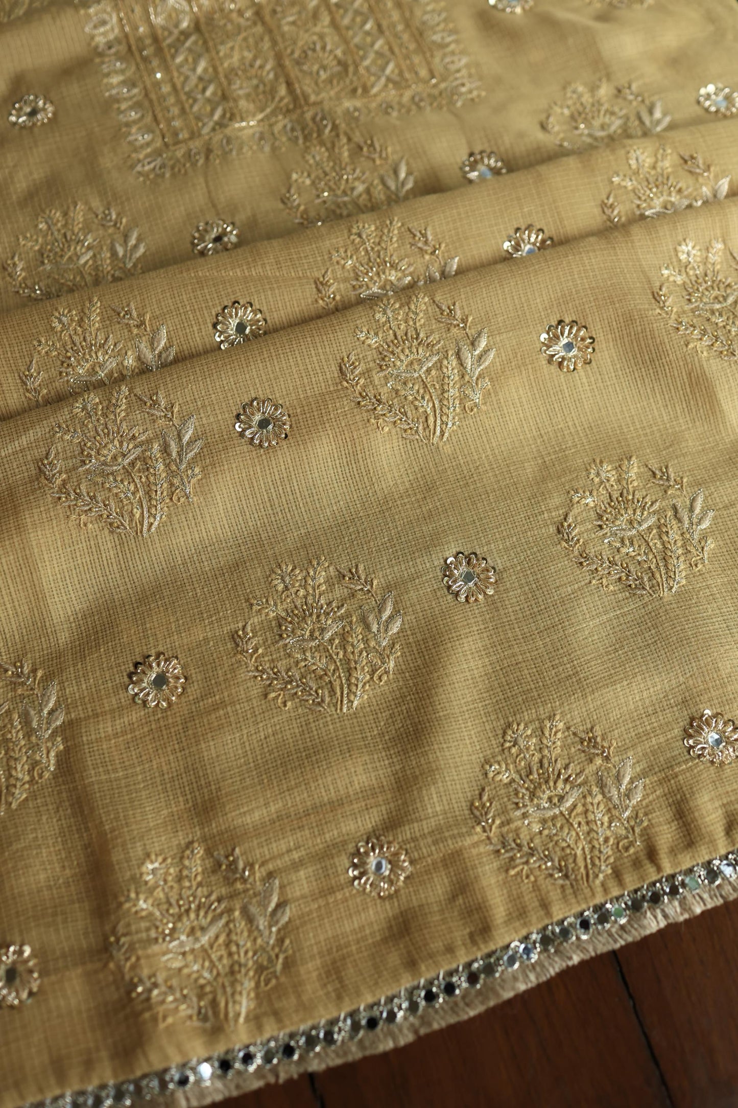 Dark Beige Handloom Kota Chikankari With Mirror Work Unstitched Kurta Dupatta Set