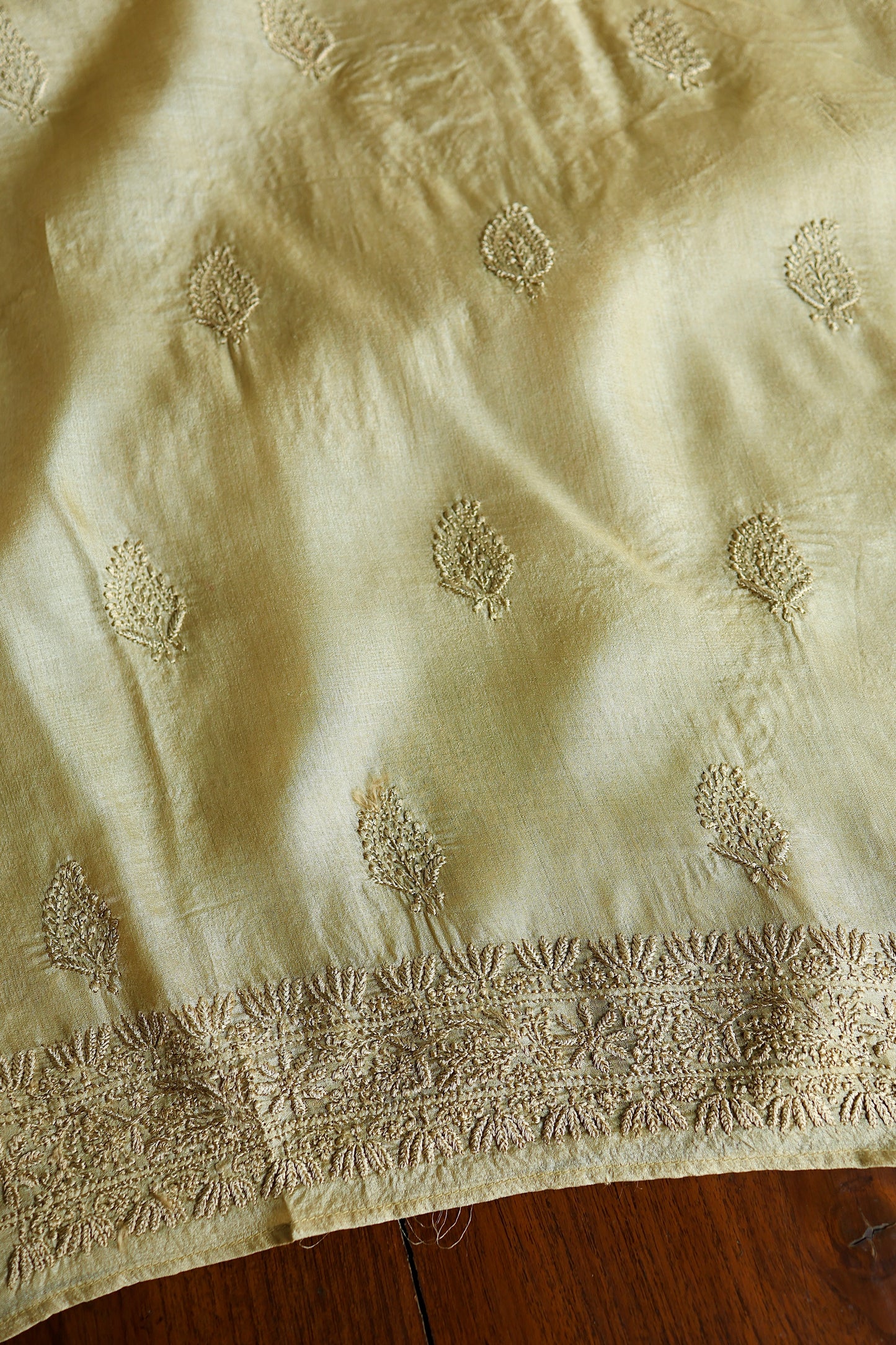 Dark Beige Shade Paper Tussar Resham Chikankari Unstitched Kurta Dupatta Set