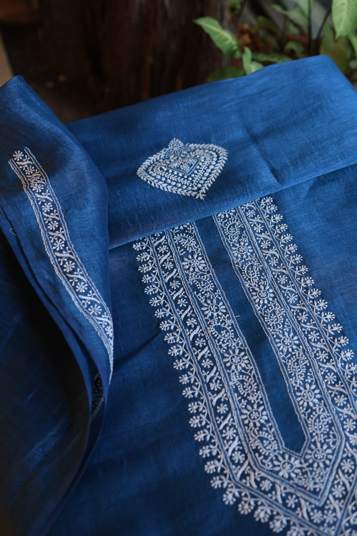 Dark Blue Linen Chikankari Unstitched Men's Kurtas Fabric