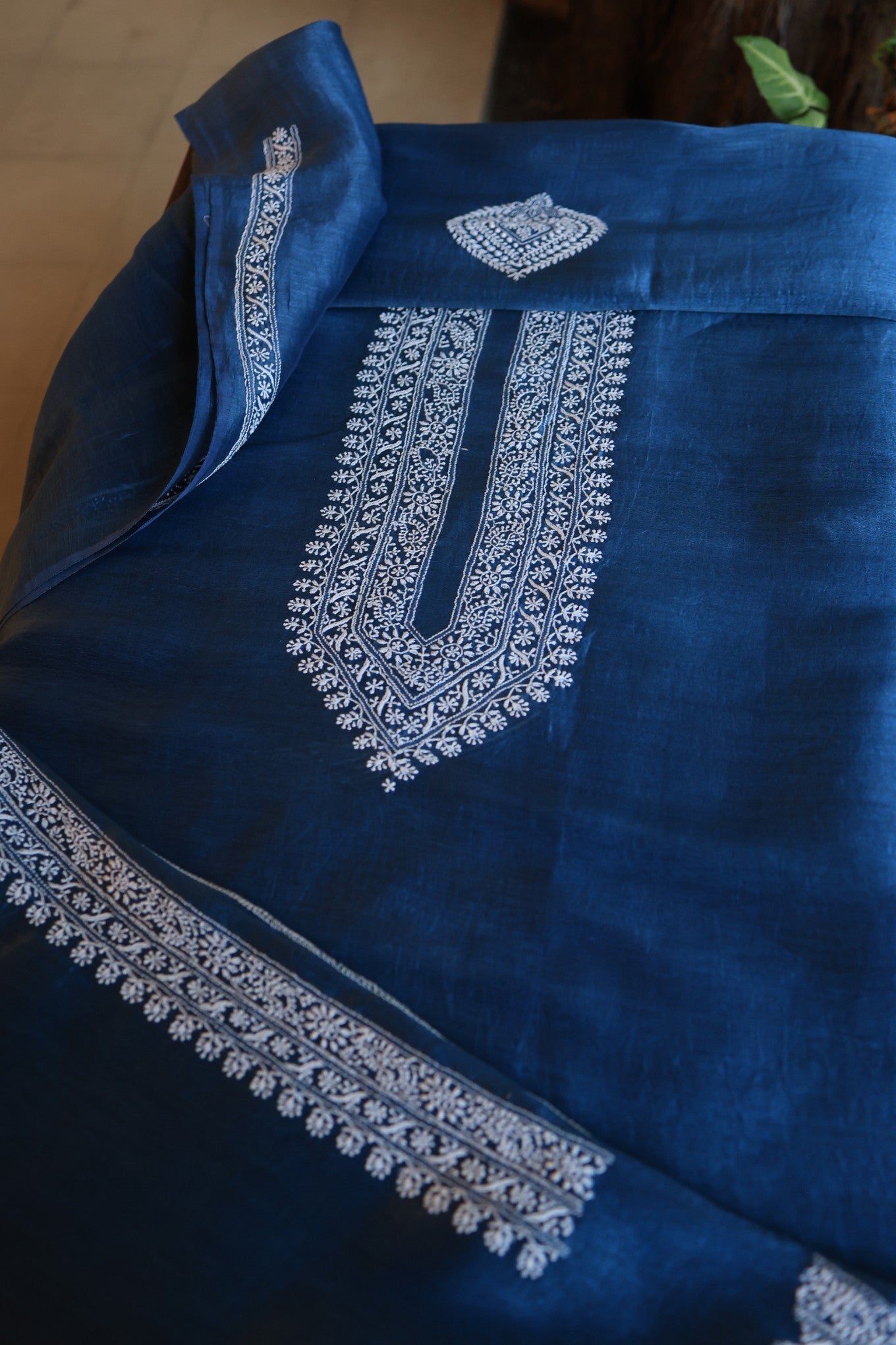 Dark Blue Linen Chikankari Unstitched Men's Kurtas Fabric