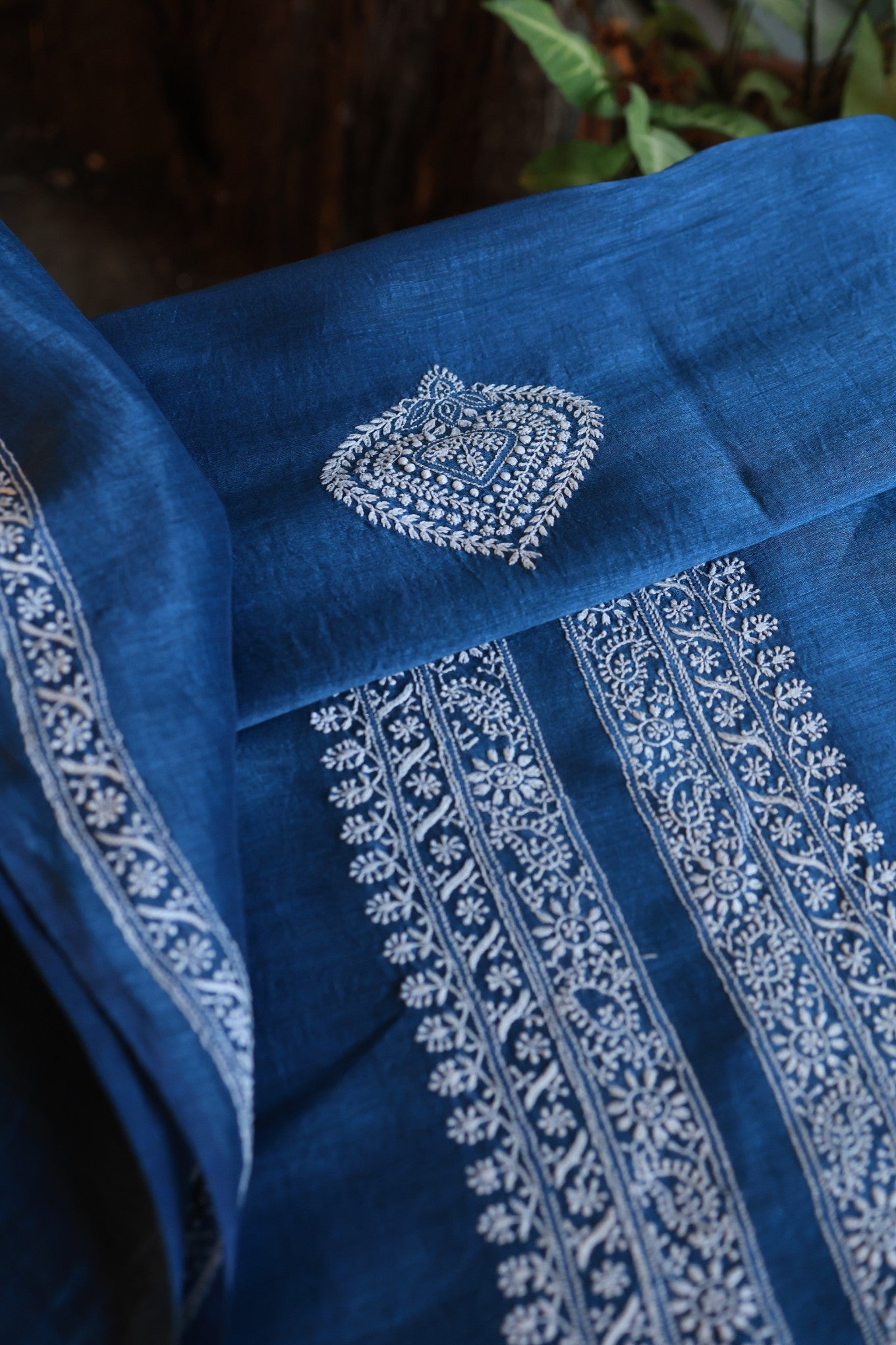 Dark Blue Linen Chikankari Unstitched Men's Kurtas Fabric