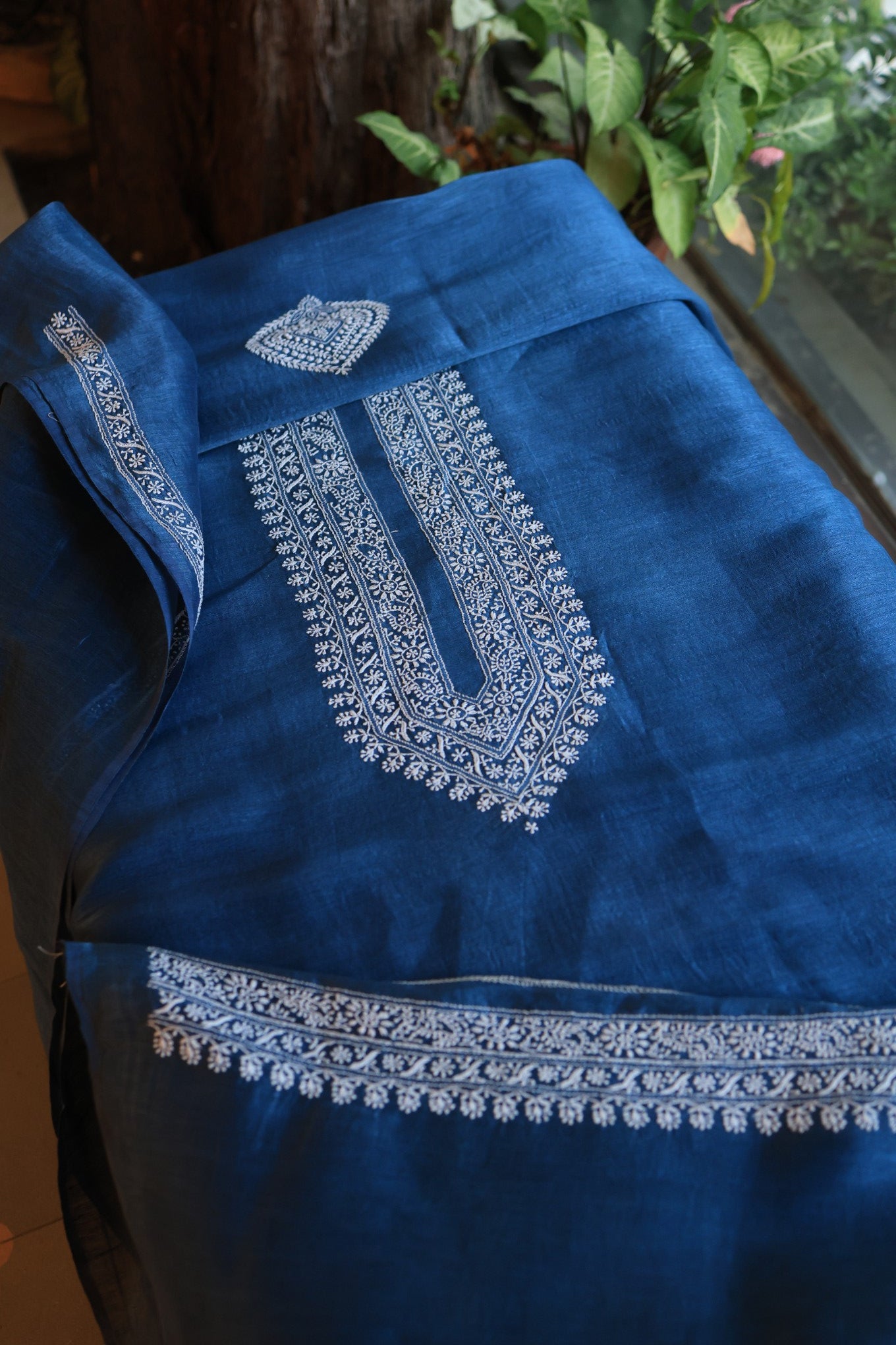 Dark Blue Linen Chikankari Unstitched Men's Kurtas Fabric