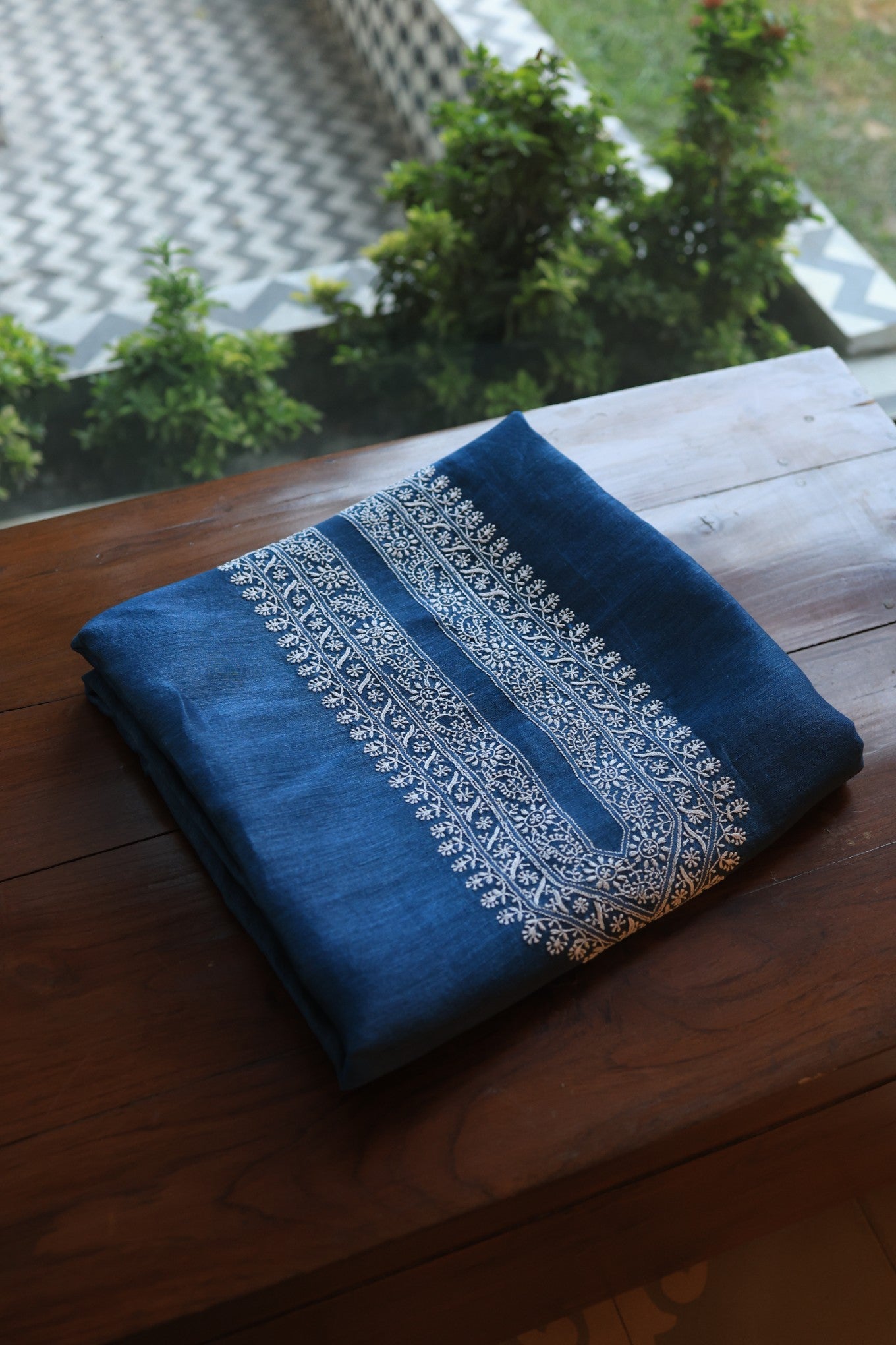 Dark Blue Linen Chikankari Unstitched Men's Kurtas Fabric