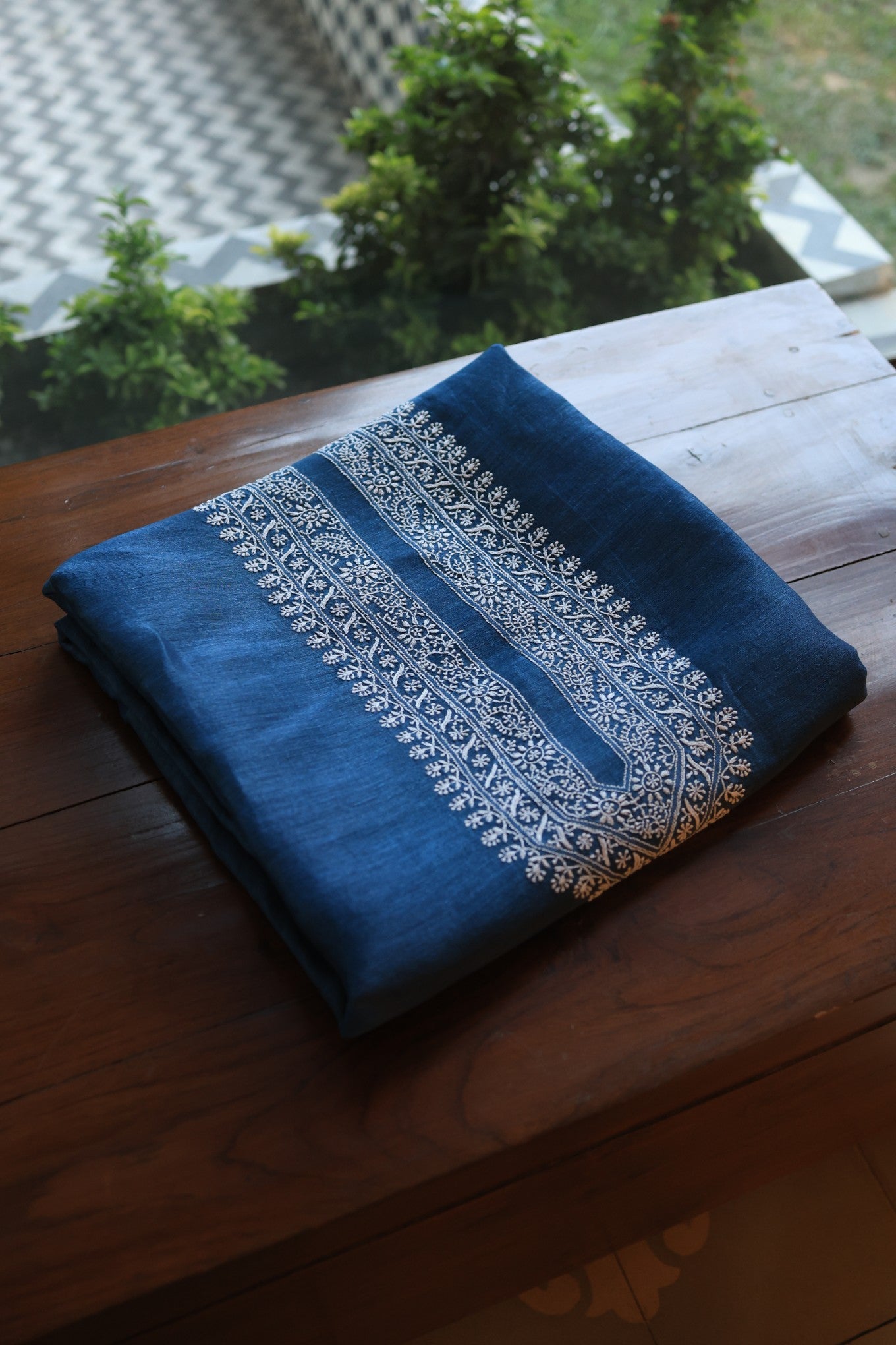 Dark Blue Linen Chikankari Unstitched Men's Kurtas Fabric