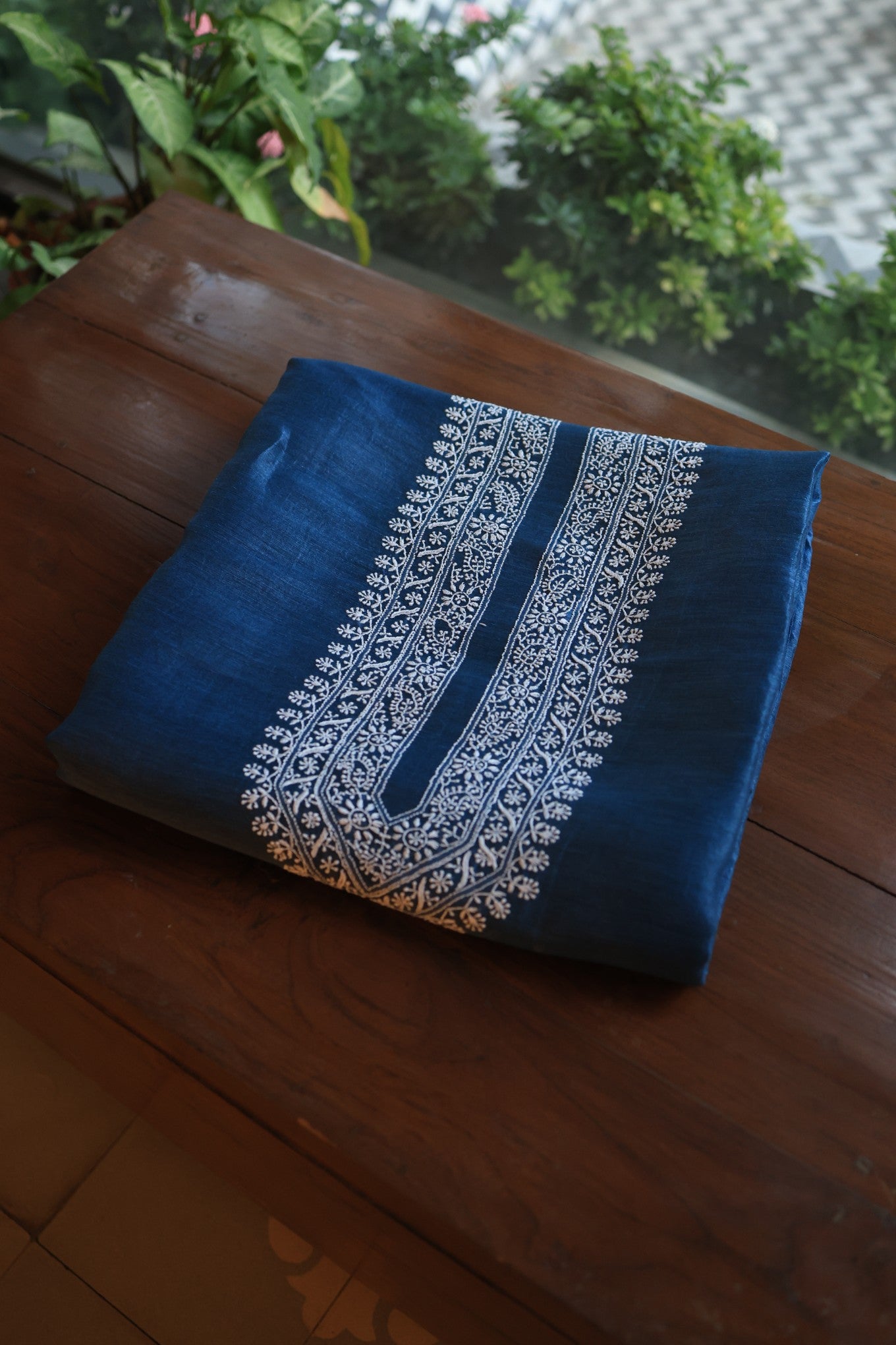 Dark Blue Linen Chikankari Unstitched Men's Kurtas Fabric