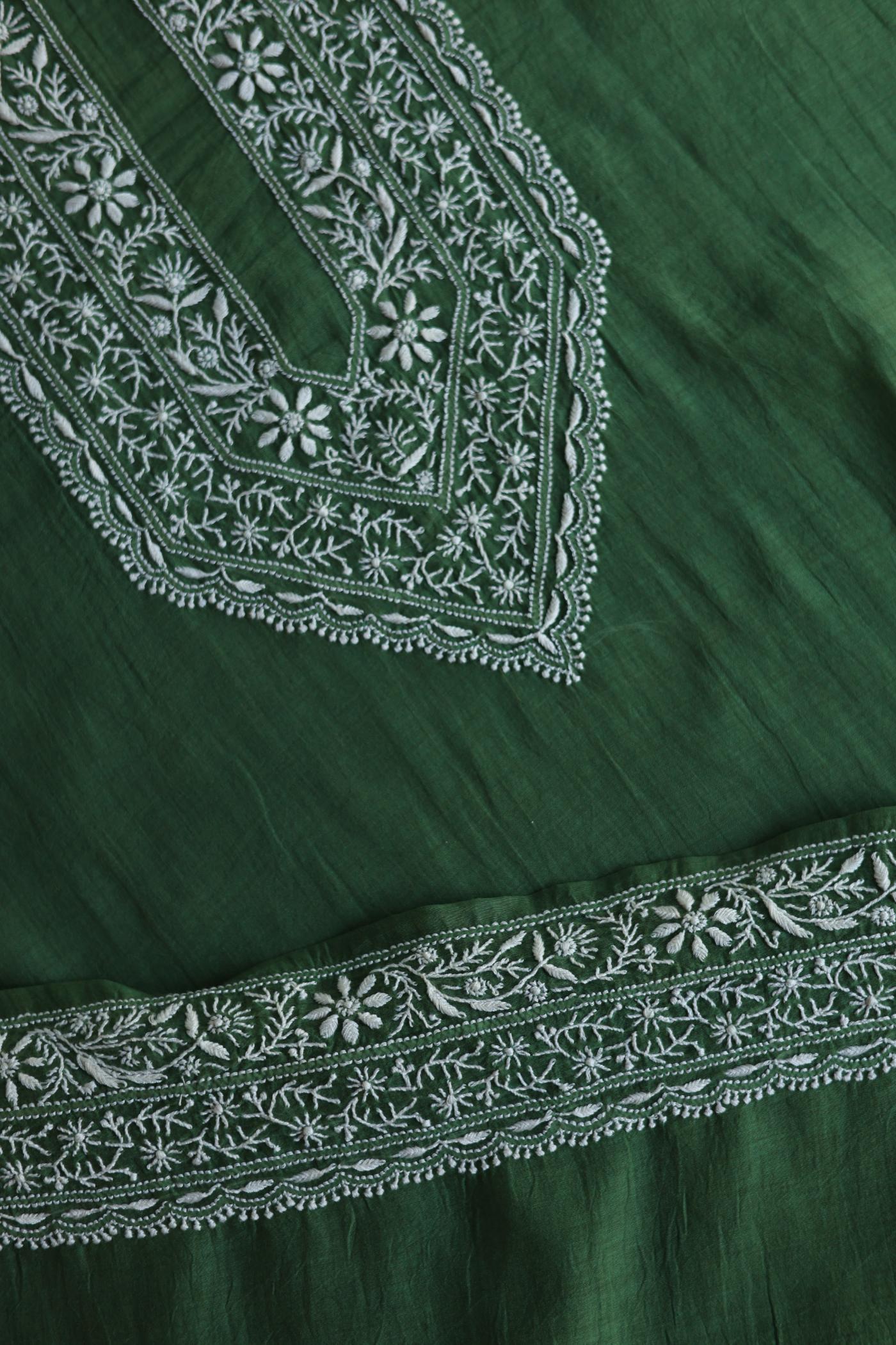 Dark Green Mulmul Chikankari Unstitched Men's Kurtas Fabric